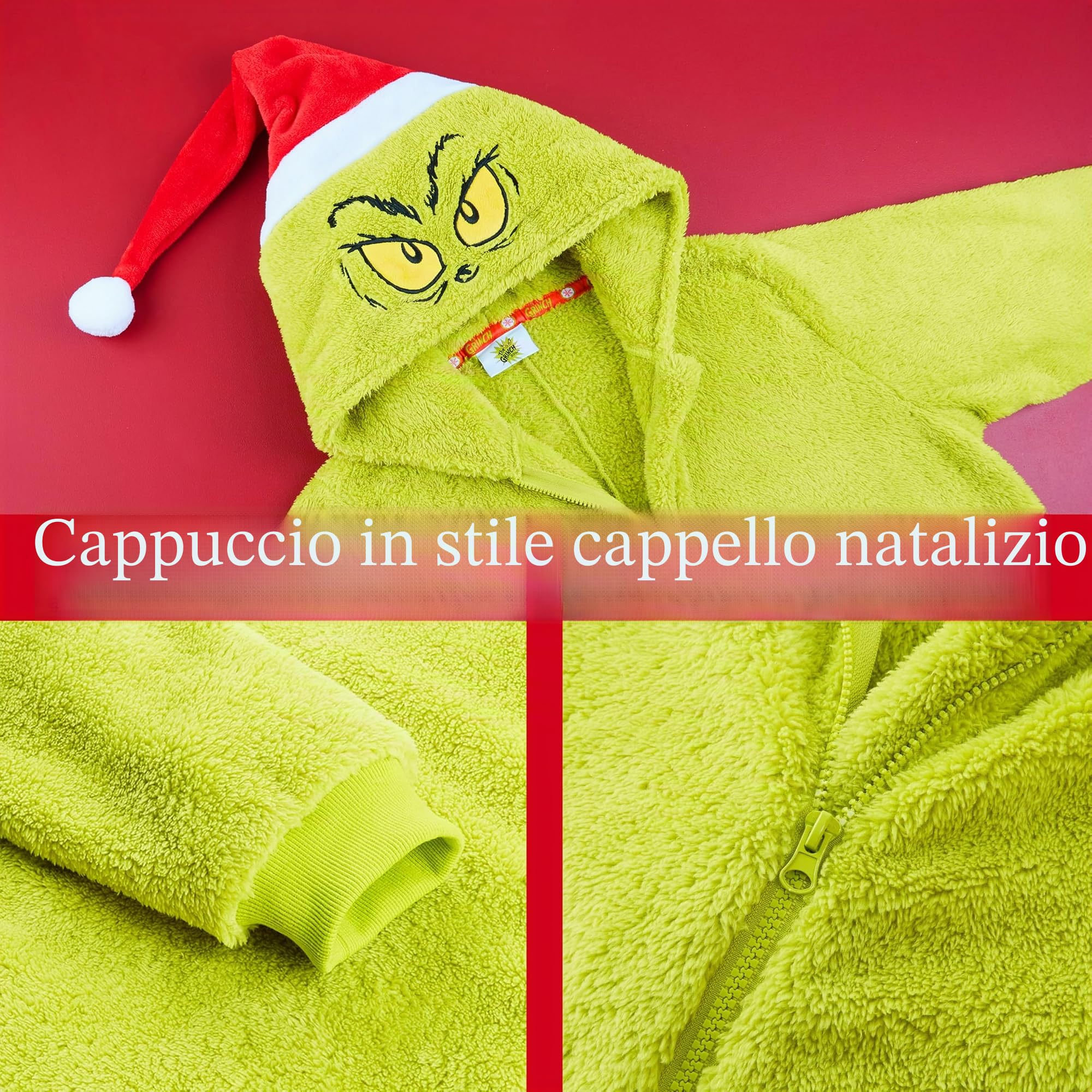 The Grinch Pigiama Intero Adulti Bambini, Famiglia Corrispondente Tuta Intera Cappuccio Cappello Babbo Natale, Regali Natalizi