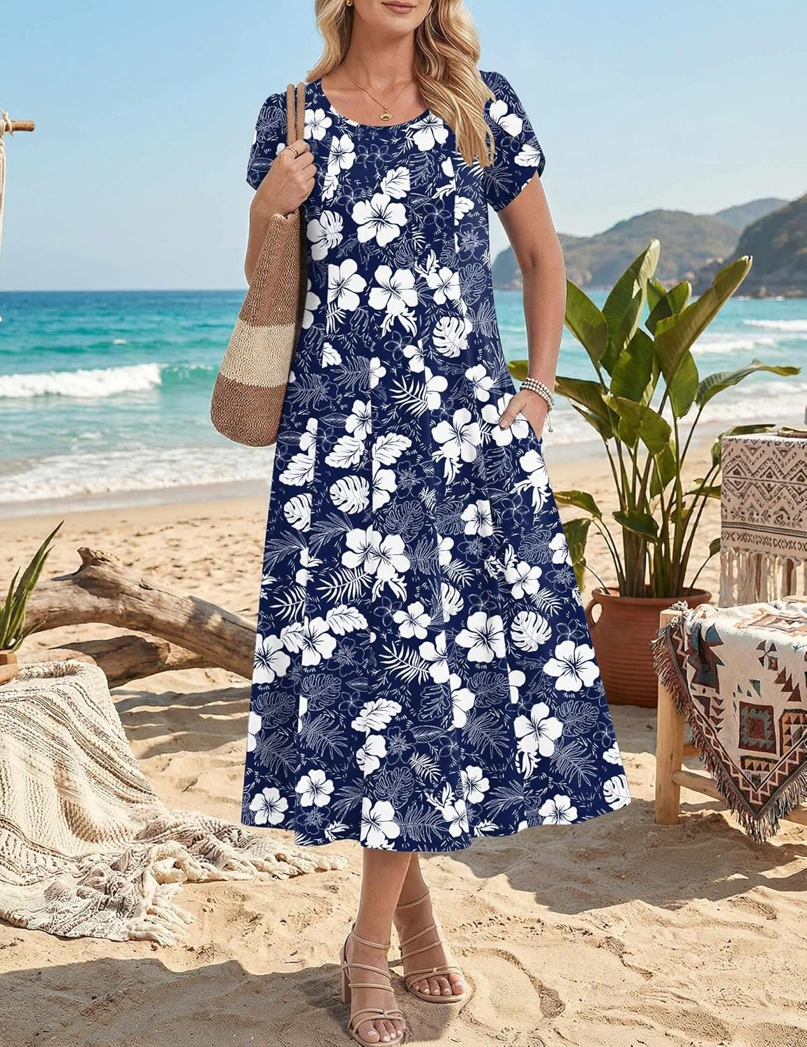 HOTOUCH Summer Dresses for Women 2026 Casual Midi Dress Petal Short Sleeve A Line Dress Pleated Flare Sundress - Image 5