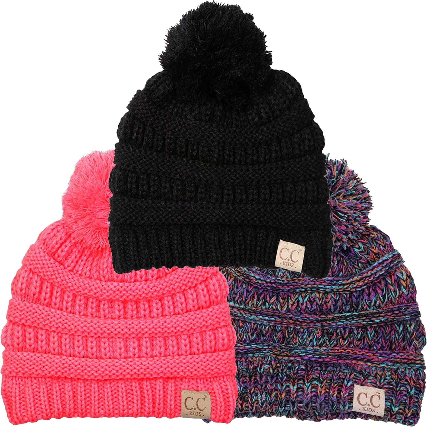 Funky Junque Toddler Pom Beanie – Warm Kids Winter Hat for Ages 1–4, Cozy Knit Snow Beanies for Baby Boys & Girls - 3 Pack - Black, Candy Pink, #32