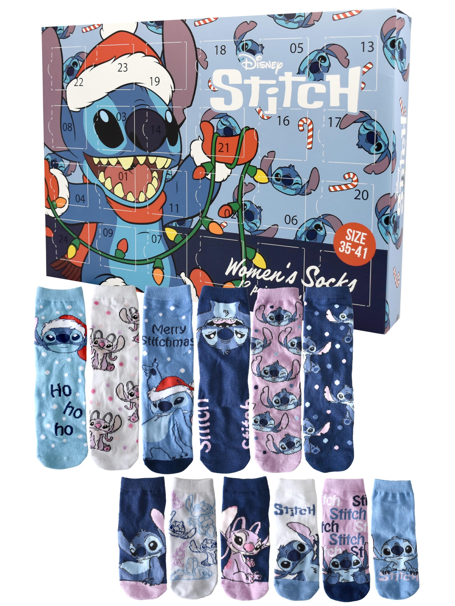 United Labels Disney Lilo & Stitch Calendario dell'Avvento con 12 paia di calzini da donna, taglia 35-41, calendario con sneakers e calzini lunghi, calendario natalizio regalo