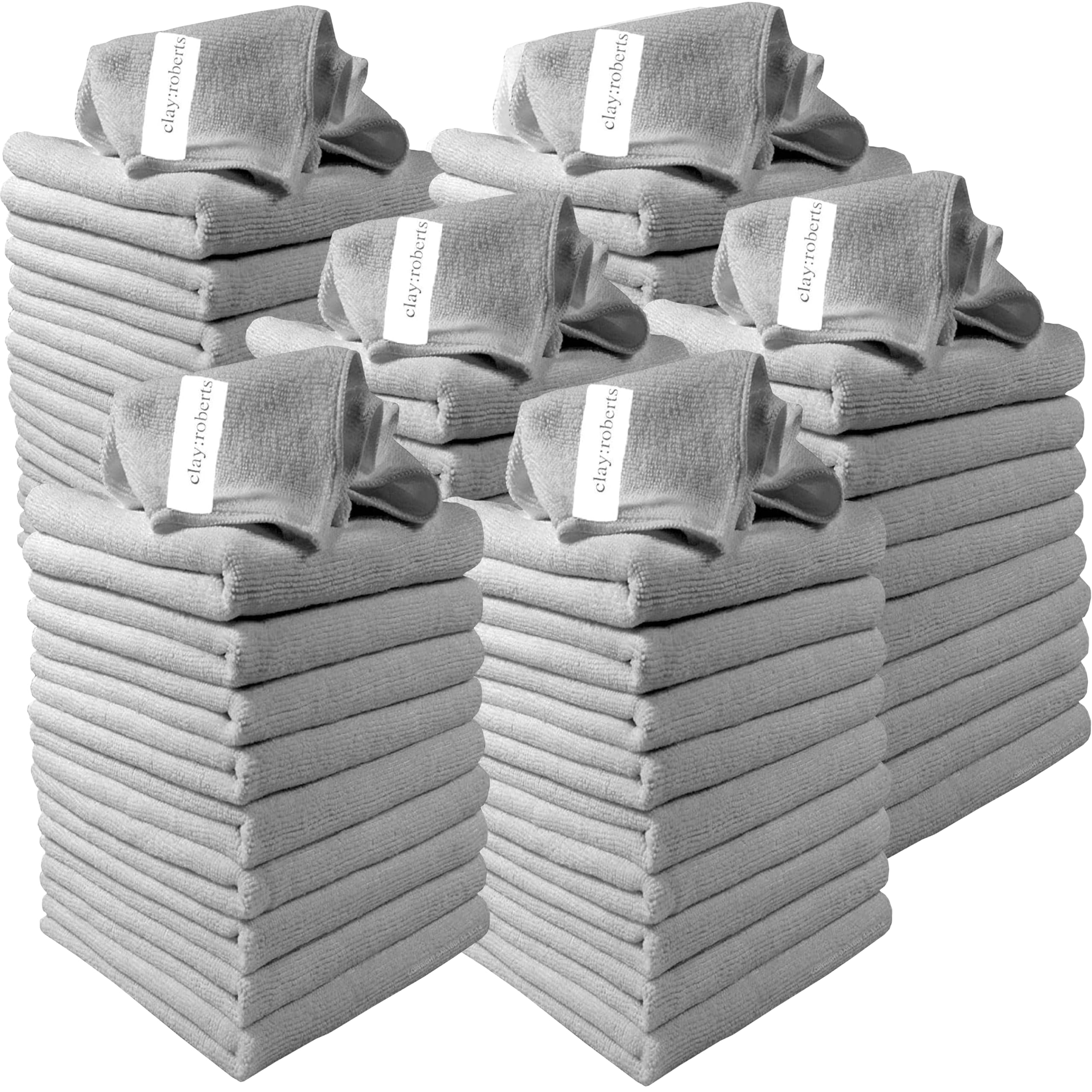 Clay Roberts Microfibre Cleaning Cloths, 40cm x 30cm - Pack of 60, Grey, Machine Washable, Polishing, Waxing & Dusting Cloth, Lint-Free, Kitchen Towel, Car Cleaning, Microfiber