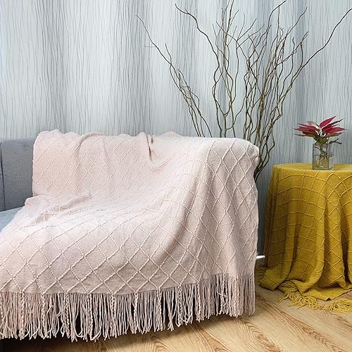 Miniatura 5 de 1 manta de punto de 50 x 60 pulgadas, diseño de rombos rosados, suave, cálida y bohemia con borlas para mujeres, hombres. Adecuado para viajes,