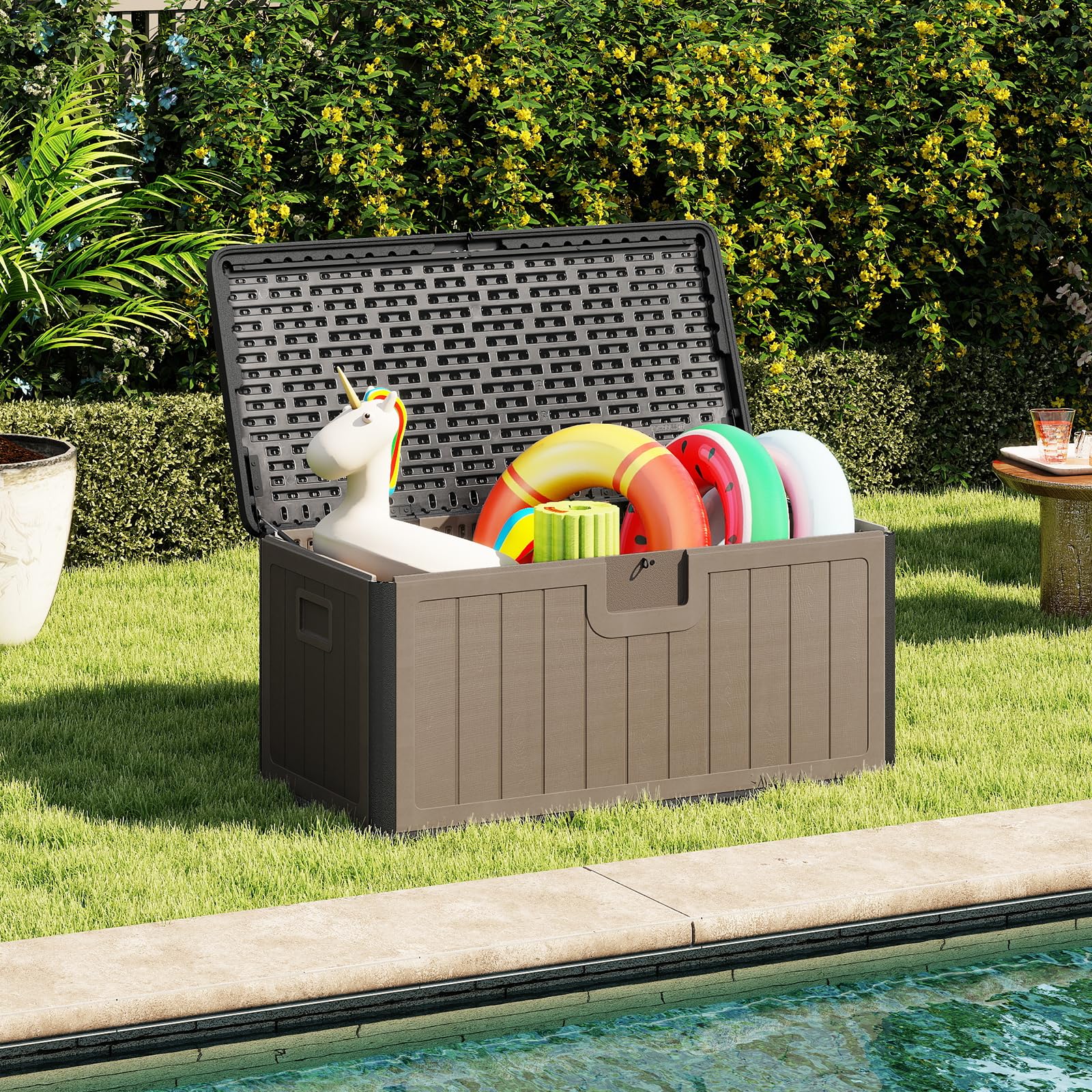 GOPLUS 378 L Gartenbox, Auflagenbox wasserdicht, Aufbewahrungsbox mit abschließbarem Deckel & Griff, Kissenbox für Garten, Gartentruhe für Terrasse, Poolzubehör & Gartengeräte (Schwarz+Braun)