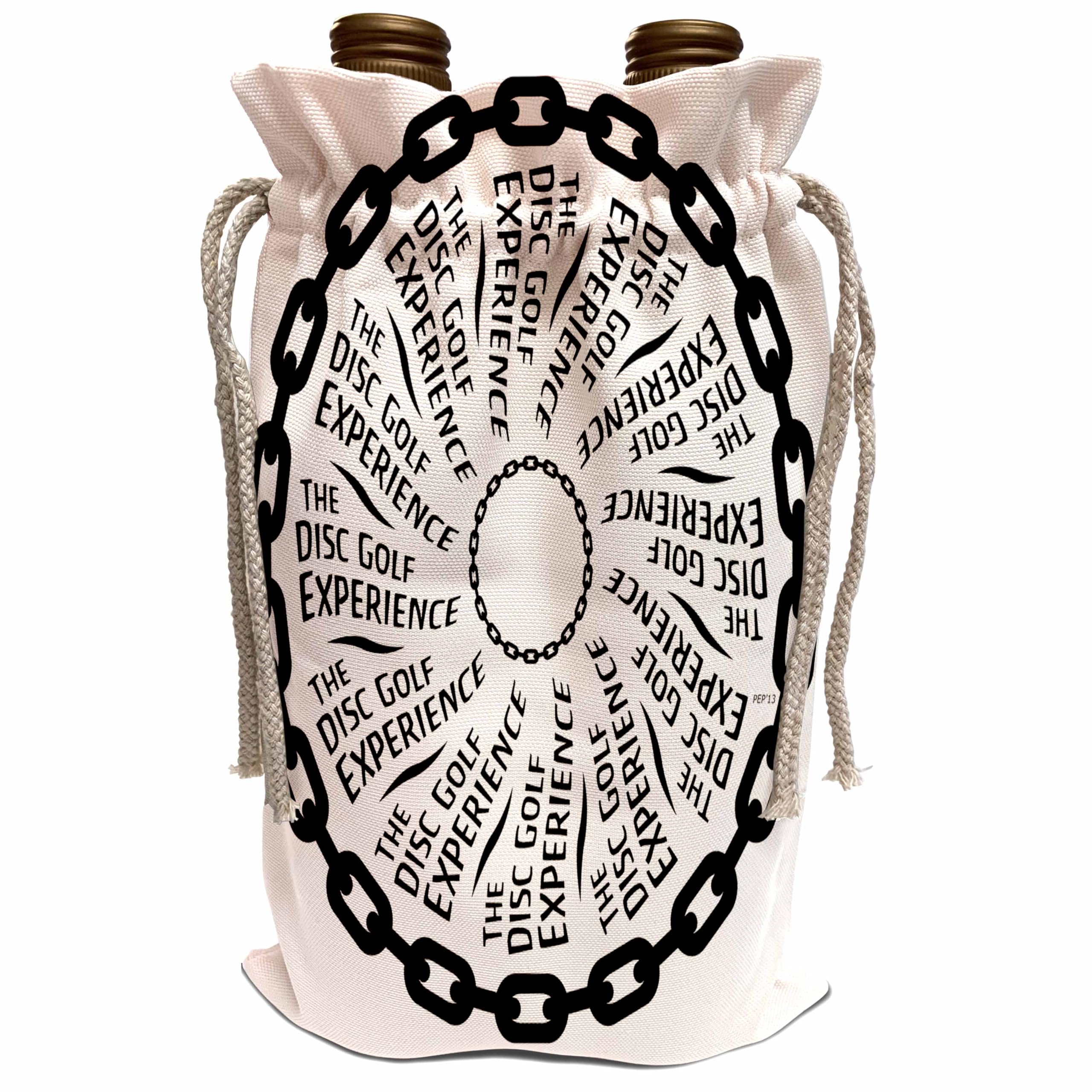 3dRose Wine Bag - The Disc Golf Experience - black and white chains disc golf design Disc Golf