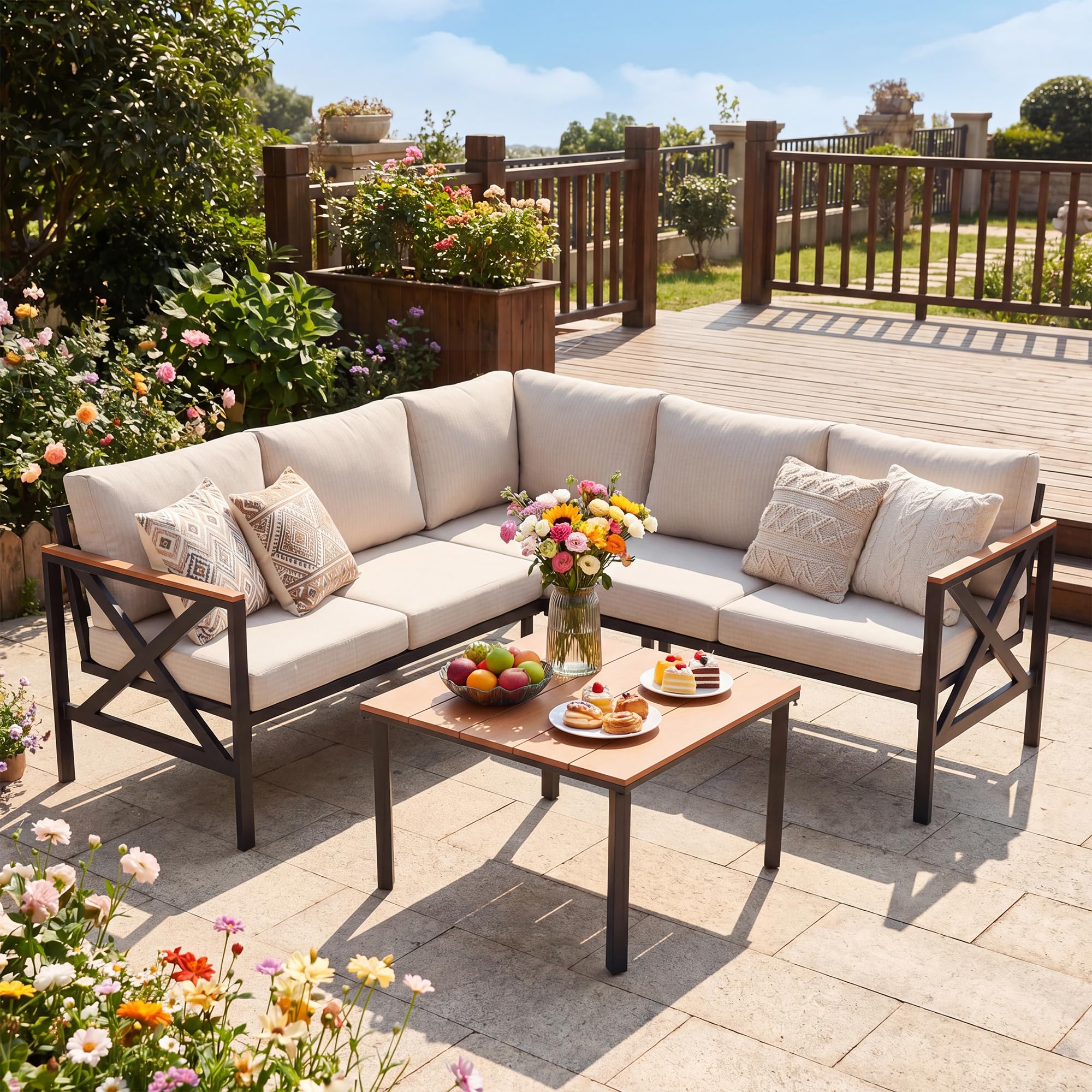 Metal Gartenmöbel Set,6-Teiliges,L-Form Outdoor Sofa mit Couchtisch und 10cm Olefin-Schaumstoffkissen,Wetterfest Lounge für Garten,Terrasse,Pool,Unterhaltungssets bis 6 Personen,Beige