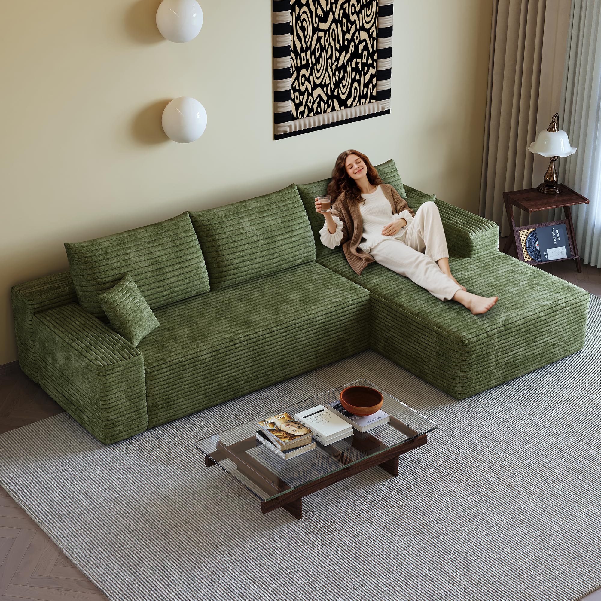 Canapé modulaire 270 cm, canape Dangle 3 Places pour Salon, Chambre, avec méridienne, Assise Profonde, Velours côtelé, livré compressé, canapé d'angle compressé （Méridienne à Droite）