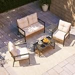 Ensemble bistro à bascule 3 pièces LAUSAINT HOME, meubles de patio d'extérieur avec coussins épais et table basse à 2 niveaux, ensemble de conversation en rotin surdimensionné pour jardin, balcon, cour (beige)