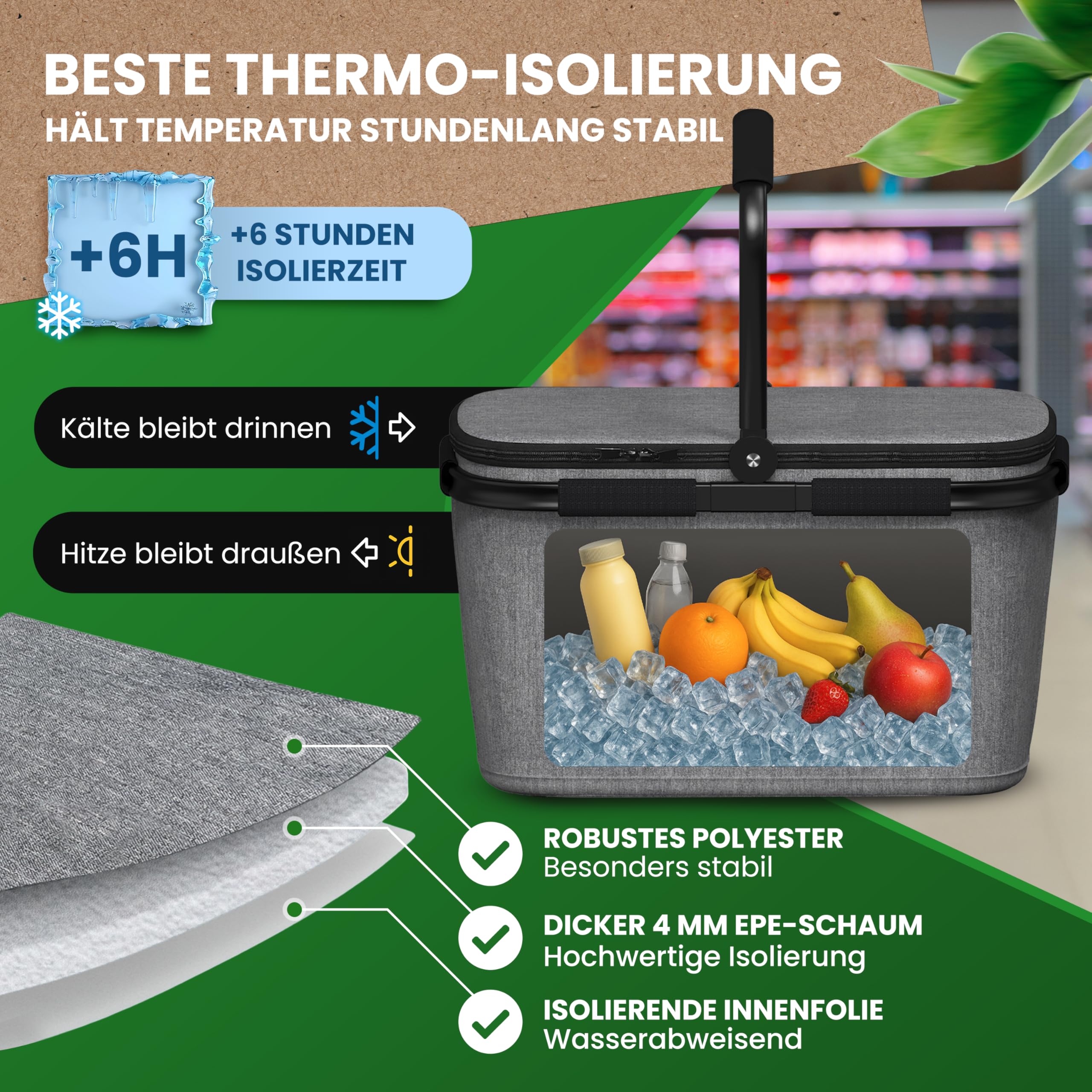 COTTARA Cesta de la compra térmica grande, aislada con tapa, base reforzada, compartimento frontal con cremallera, ideal como cesta refrigeradora o cesta de picnic (gris)