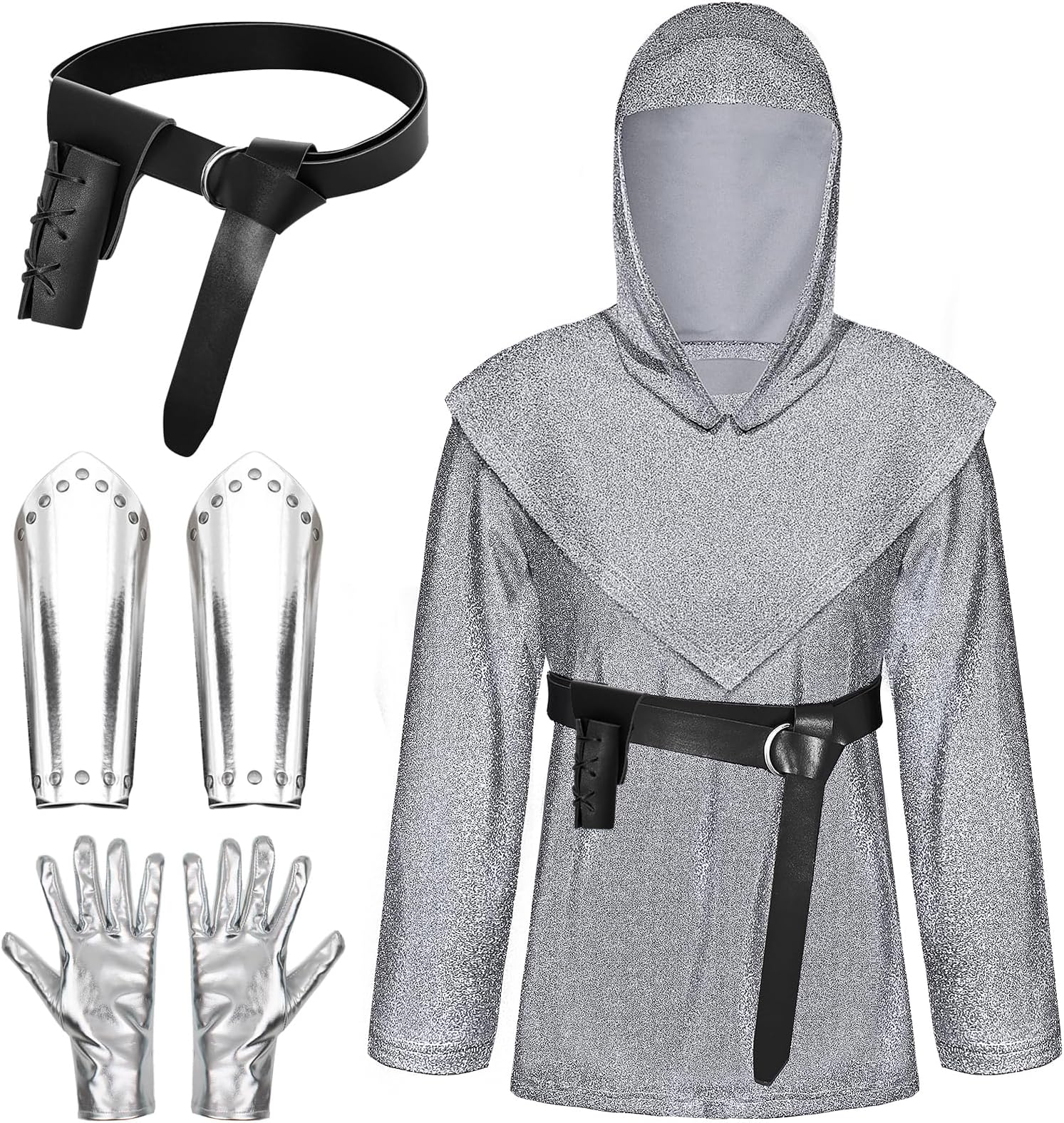 Boyigog Medieval Knight Costume Set for Adult, Men's Hooded Blouse with Leather Belt, Silver Wrist Gloves, Renaissance Vintage Accessories, Halloween Carnival Cosplay Costume - Silver White