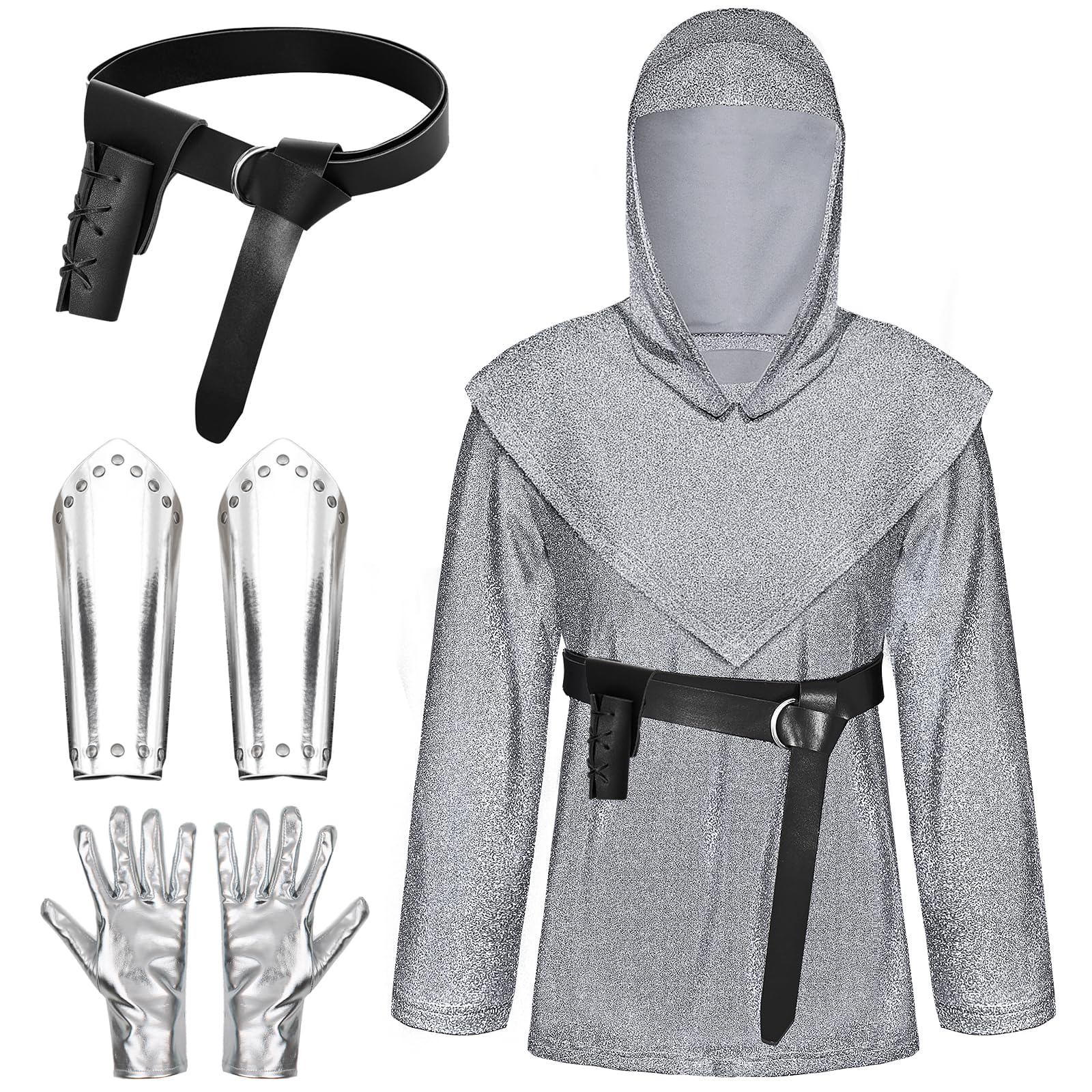 Boyigog Medieval Knight Costume Set for Adult, Men's Hooded Blouse with Leather Belt, Silver Wrist Gloves, Renaissance Vintage Accessories, Halloween Carnival Cosplay Costume - Silver White