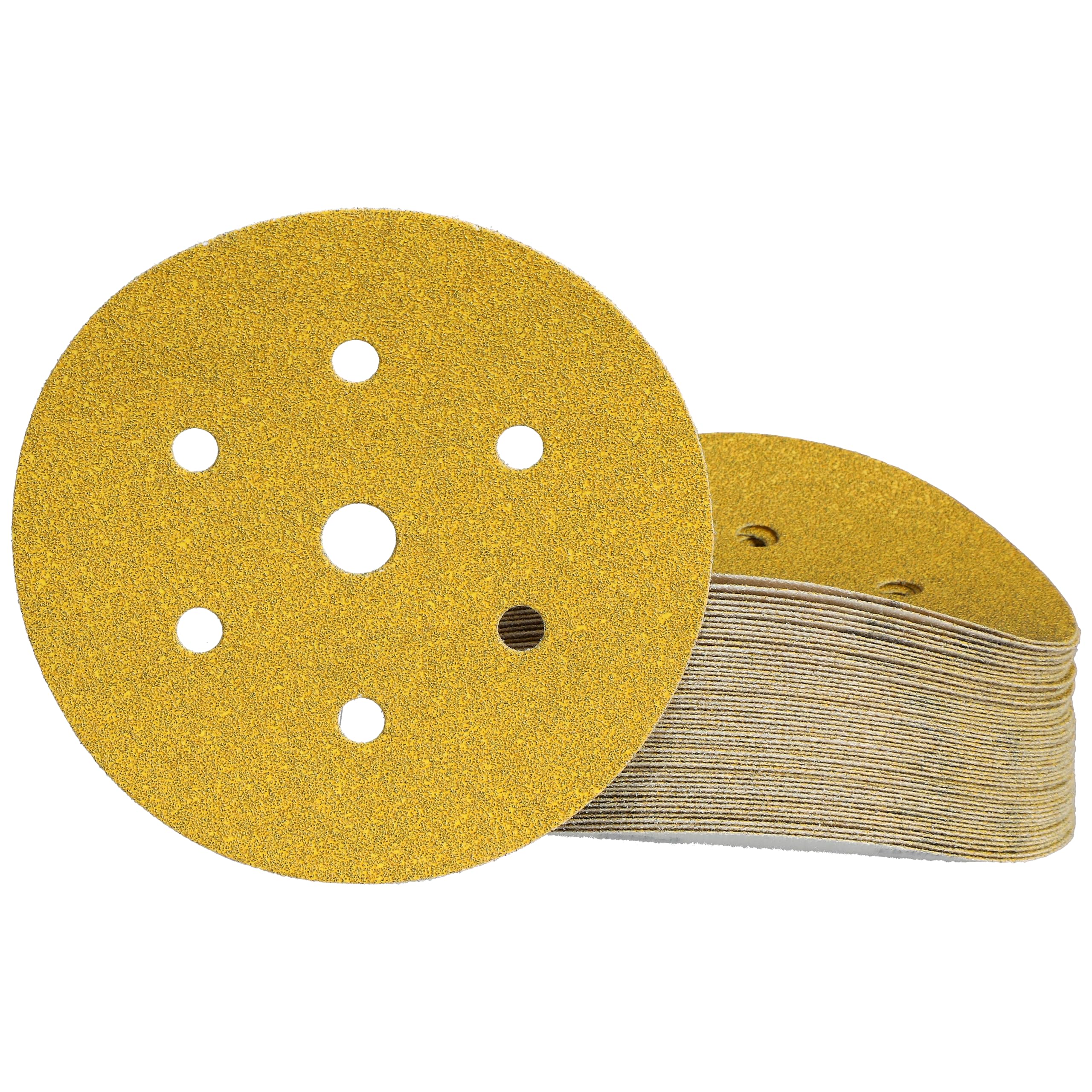 Mirka Gold Papel de lija universal Ø 150mm Velcro 7 agujeros, grano P60, 50 piezas / Para lijar yeso, masilla, aglomerado, madera, barniz