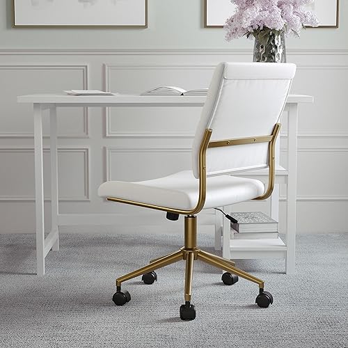 Miniatura 7 de Martha Stewart Ivy - Silla giratoria sin brazos para oficina en casa en piel sintética blanca con marco de latón pulido