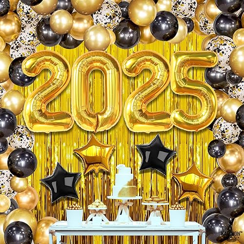 Miniatura 7 de KatchOn, Suministros para fiesta de Año Nuevo 2025 – Juego enorme, paquete de 86 | Kit de arco de globos negro y dorado 2025 con telón de fondo de