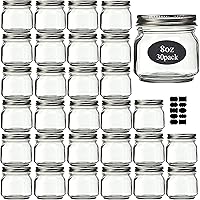 Rainforce 8oz Mason Jars 30 Pack with Silver Lids & Chalkboard Labels - Canning Jars for Jelly, Jam, Honey, Pickles, Spices