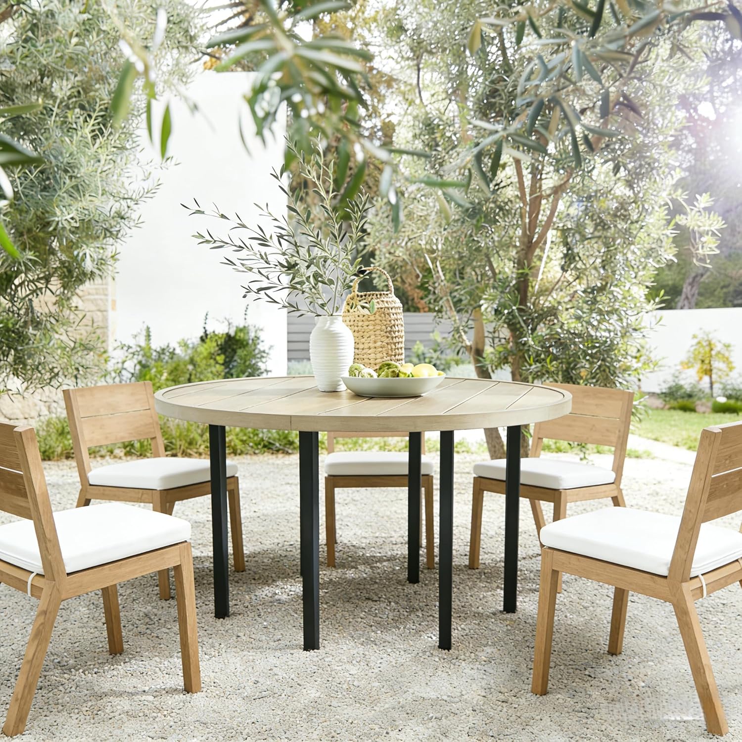 42" Round Outdoor Dining Table for 4, Metal Patio Dining Table with Umbrella Hole for Garden, Backyard and Deck, Honey Oak