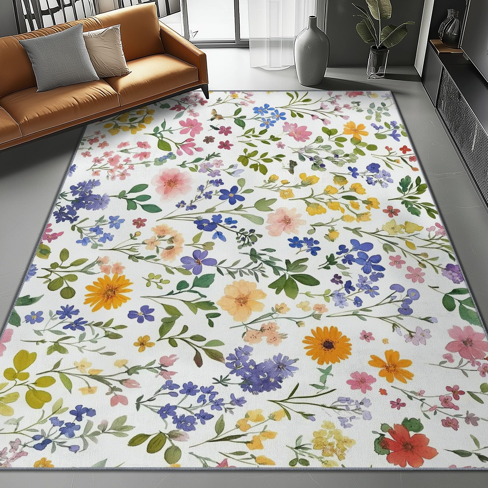 Tapis de Salon 80x150 cm Antidérapant Lavable en Machine Motif Aquarelle Fleurs Sauvages