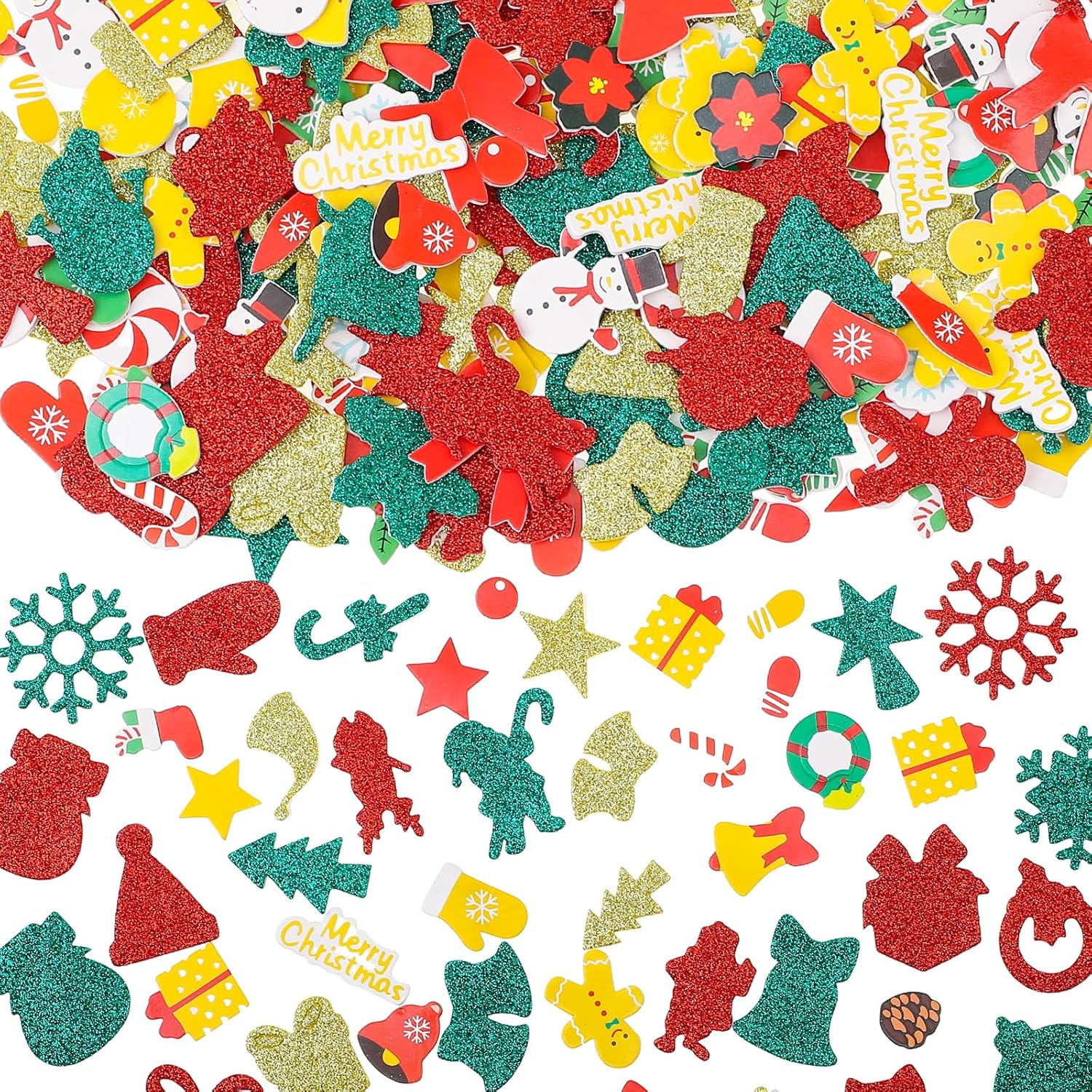 300 Piece Christmas Foam Stickers, Xmas Style Glitter Self-Adhesive Stickers for Winter Christmas Gifts Greeting Cards Party Crafts Decoration