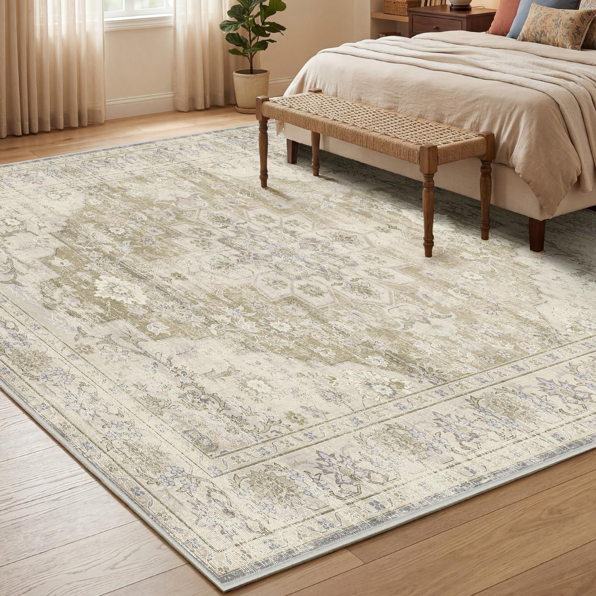 Autsel Rugs for Living Room Bedroom 200x300cm, Extra Large Machine Washable Area Rugs Non-slip, Vintage Boho Rugs, Soft Short Pile Carpet, Beige Runner Rugs for Hallway, Carpet for Kitchen, Office