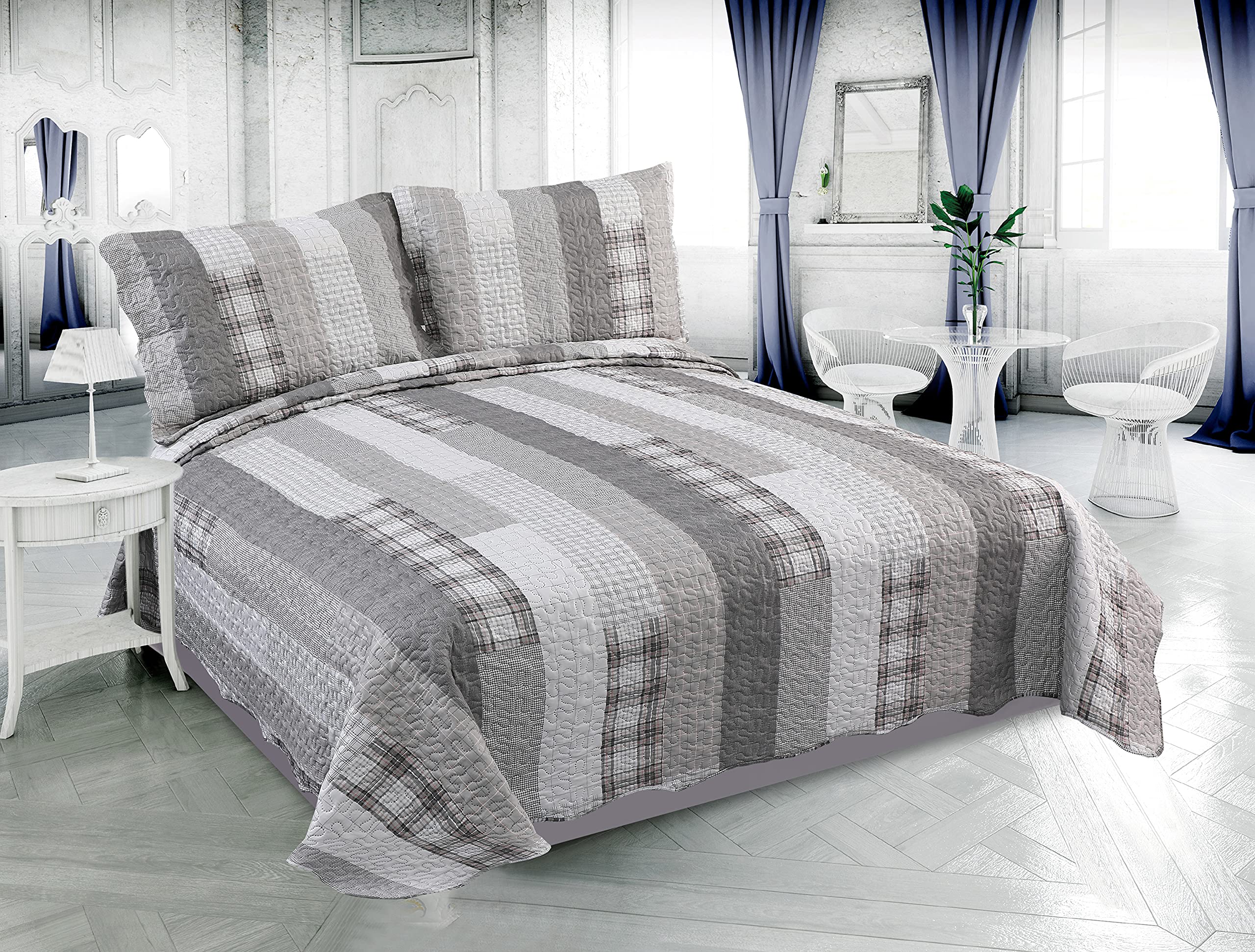 Marina Decoration Rich Printed Embossed Pinsonic Coverlet Bedspread Ultra Soft 3 Piece Summer Quilt Set with 2 Quilted Shams, Modern Grey Striped
