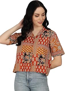Yash Gallery Women's Blue Printed Cambric Cotton Short Sleeve Shirt Top Price In India
