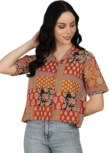 Yash Gallery Women's Blue Printed Cambric Cotton Short Sleeve Shirt Top