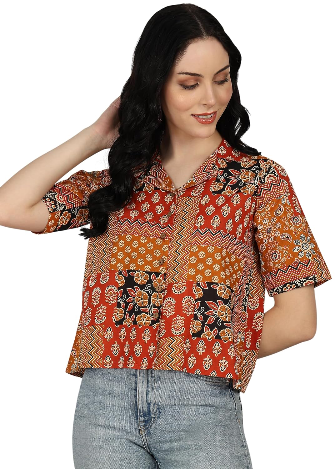 Yash Gallery Women's Blue Printed Cambric Cotton Short Sleeve Shirt Top - Review, Price and Buying Guide