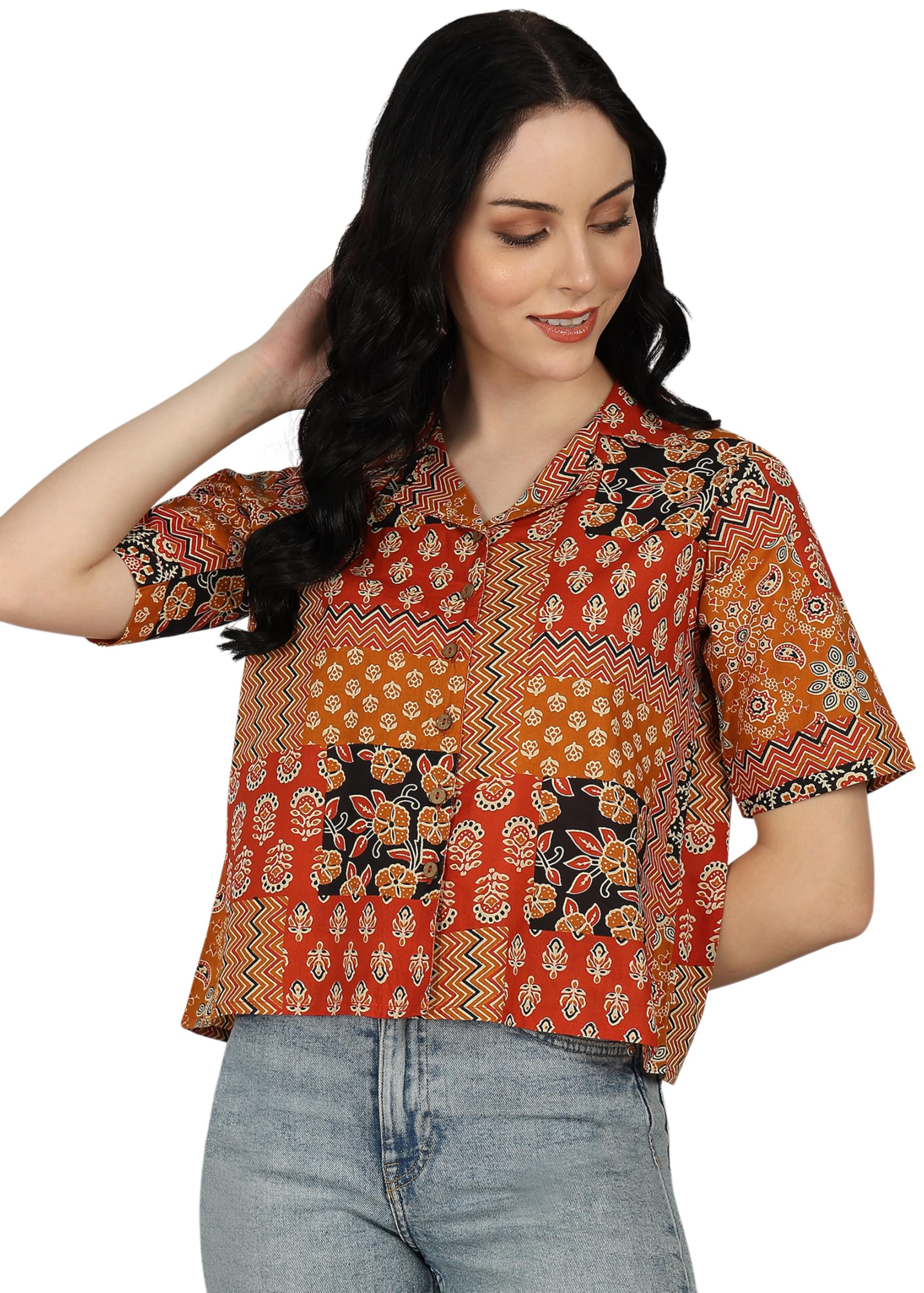 yash gallery Women's Blue Printed Cambric Cotton Short Sleeve Shirt Top-picture-54
