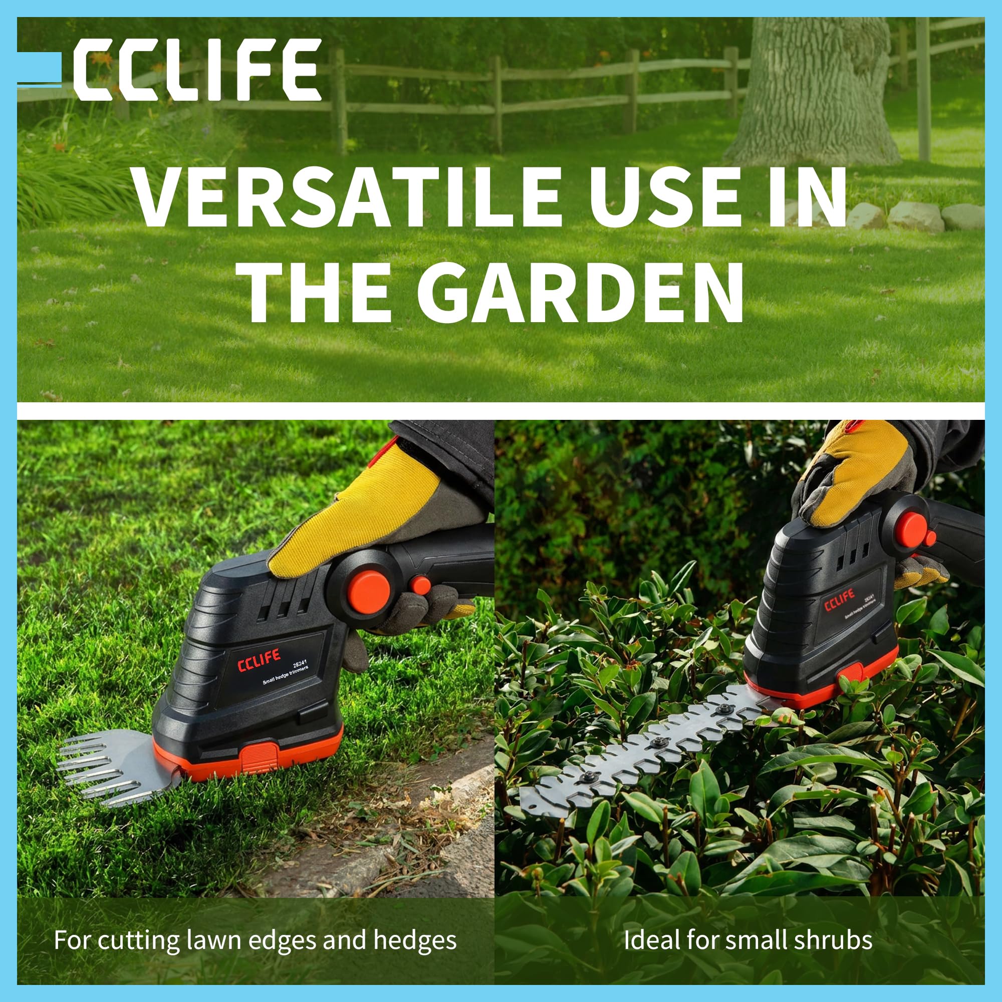 CCLIFE Tagliasiepi 2 in 1, batteria 10,8 V, 120/200 mm, giardino | Cesoie da potatura senza fili con 2 lame per erba e siepi, compatte, precise e ideali per piccoli giardini.