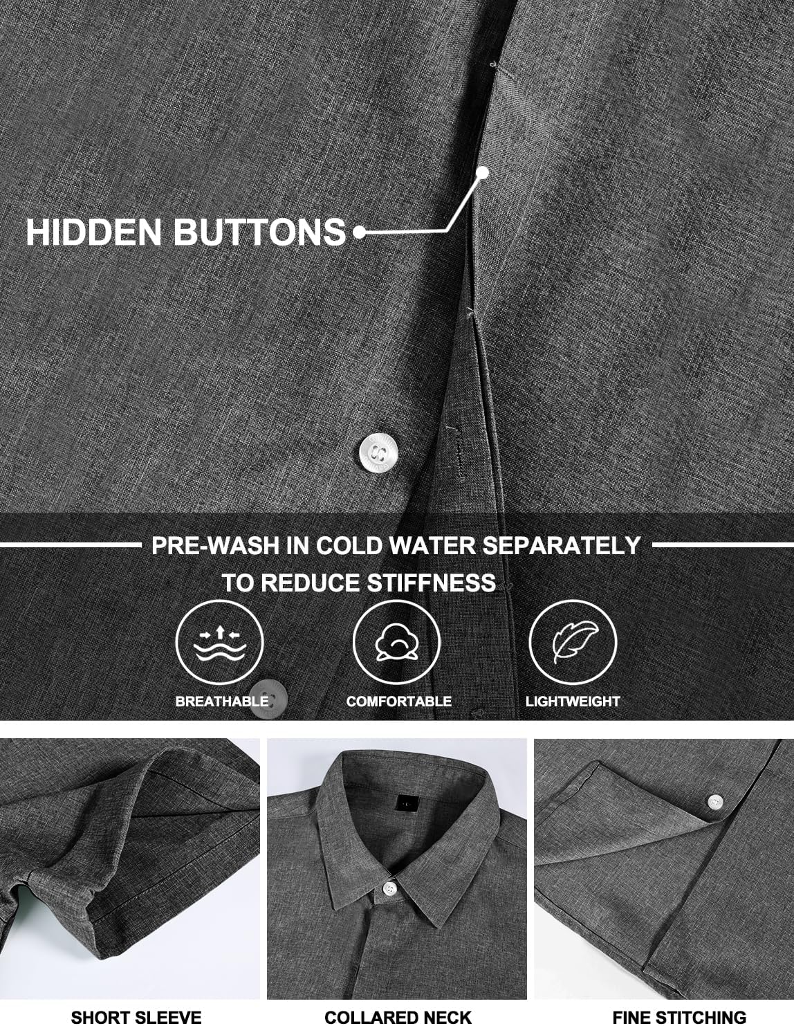 Men's Shirt Short Sleeve - Hidden Buttons, 70% Rayon,30% Linen - Image 4