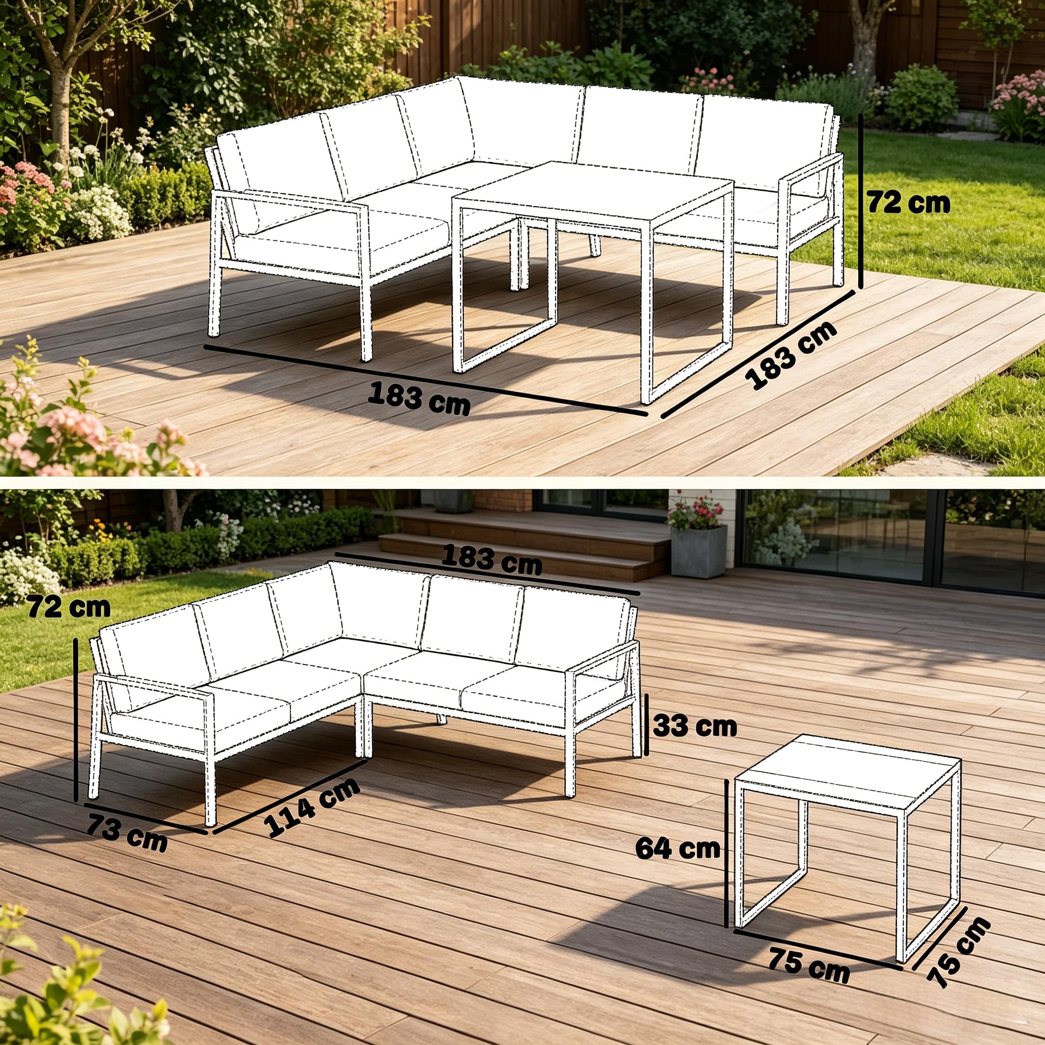 Gartenlounge Set Outdoor Ecksofa L-Form 5 Sitzer mit Glastisch, Wetterfestes Lounge Möbel Set aus Metall mit Polsterkissen, Modulares Gartensofa für Terrasse Balkon Garten, Dunkelgrau