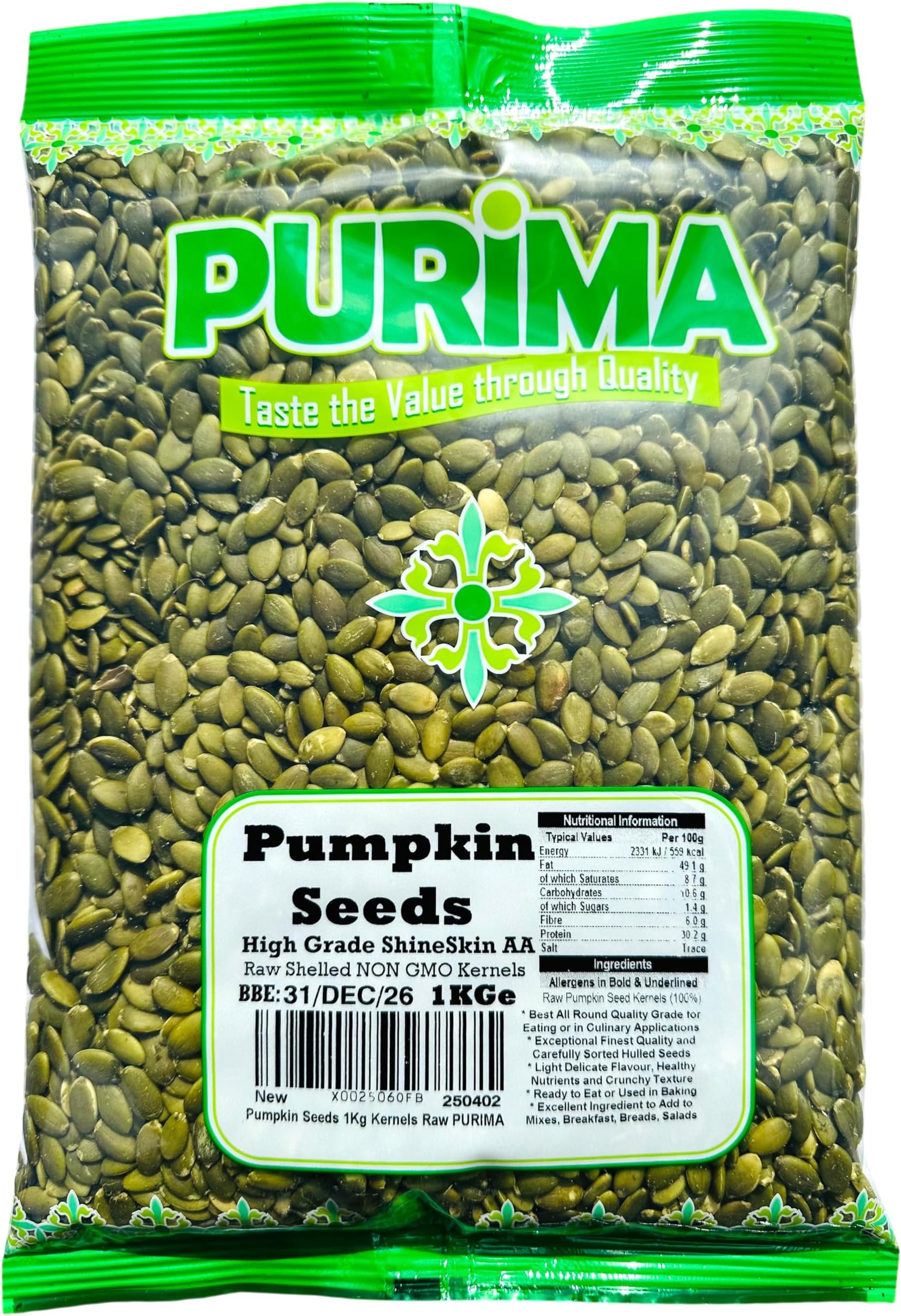 – Pumpkin Seeds 1kg - SS AA Raw High Grade Seed - Ready to Eat Edible – For Human Consumption Without No Shell Whole Kernel UnRoasted UnSalted Shelled Large Bulk (Packaging May Vary) PURIMA