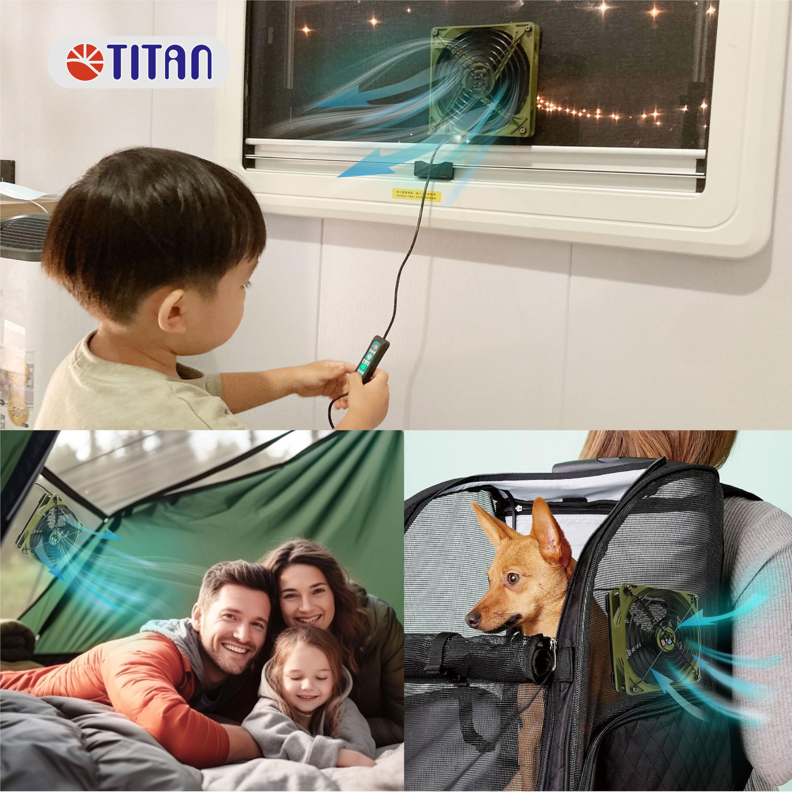 Ventilateur portable de camping TITAN, conçu pour camping-cars, tentes et animaux de compagnie. Alimenté par USB, avec cadre magnétique double 140 mm et contrôleur TTC-NF88(RB).