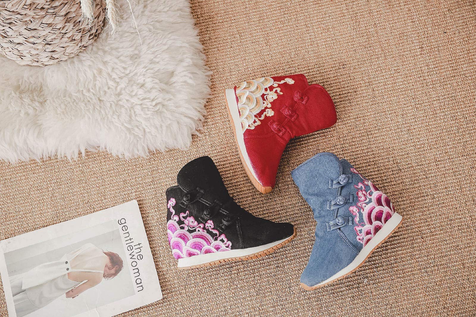 Lazutom Mujeres Señora Estilo Chino Bordado Invierno Botines Comodidad Deportes Zapatos De Lona, Blue, 38 EU