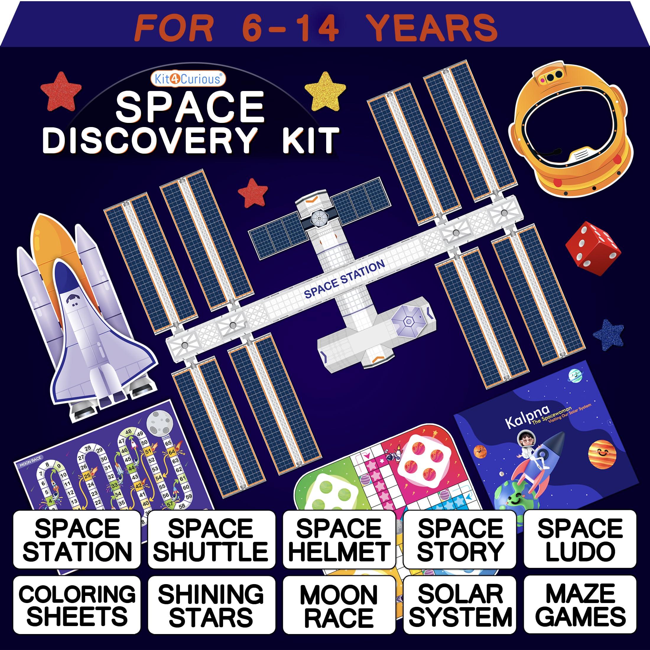 Kit4Curious Space Discovery kit – Space Theme Gift Toy – Space Station 3D Model, Space Ludo, Space Games, Space Planets Astronaut Coloring Sheets, 10-in-1 Activity kit