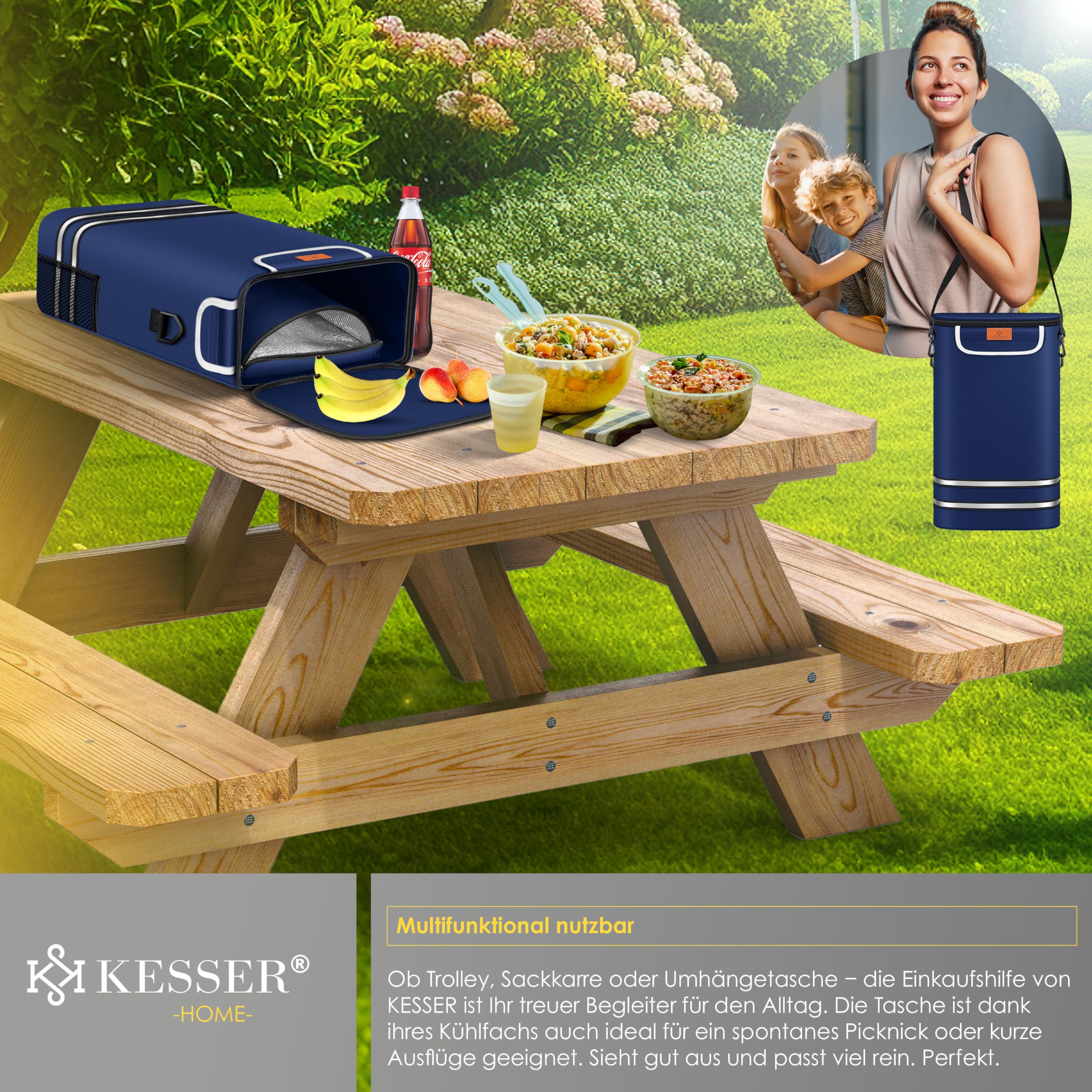 KESSER® Carrello spesa - Montascale con scomparto refrigerante, con Capacità di 56L, Caricabile fino a 50kg, Trolley e borsa a Tracolla 3in1, incl. Chip per la spesa, Pieghevole, Blu marino