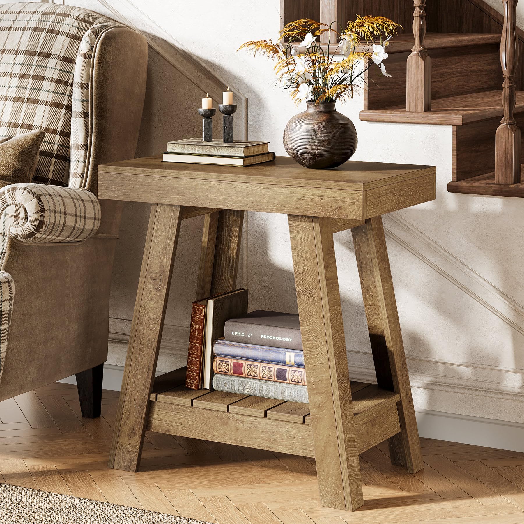 Tribesigns 2-Tier Wooden End Table, Farmhouse Style, Rustic Grey, Small Sofa Side Table with Storage, Slim Nightstand for Living Room, Bedroom, Brown