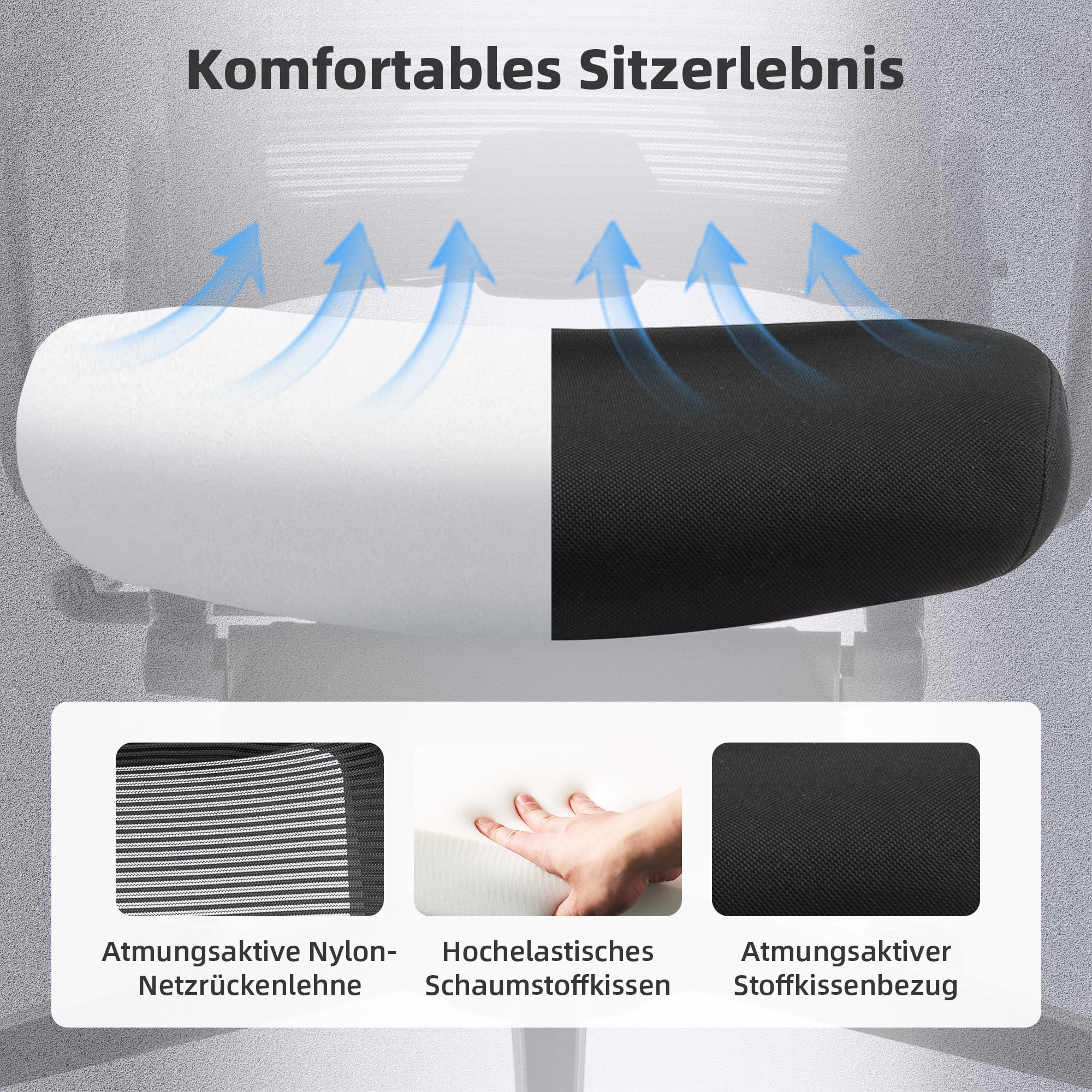 Klappbar Bürostuhl mit Fußstütze, Ergonomisch Schreibtischstuhl mit Lendenwirbelstütze, Kopfstütze, Chefsessel Mesh Stuhl 150 kg für platzsparendes Arbeiten von zu Hause aus, Schwarz