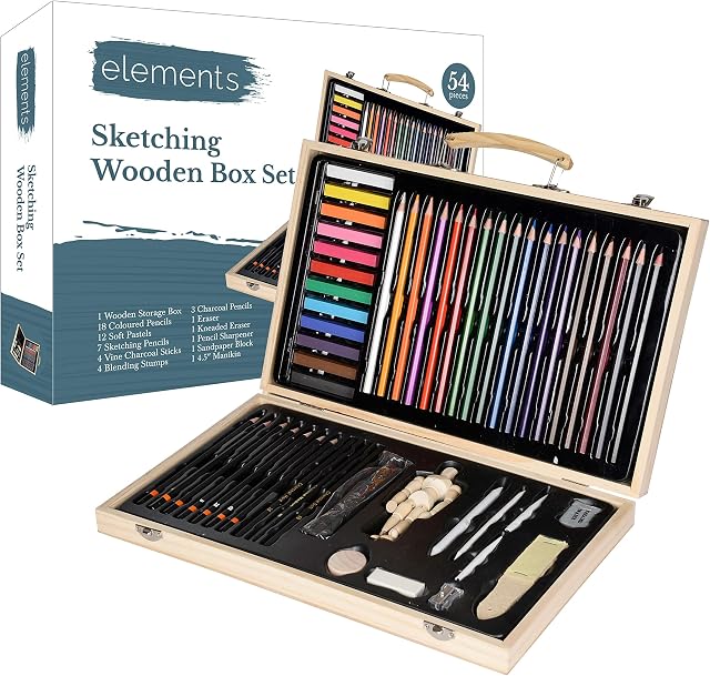 Elements Wooden Art Set with Mannequin - Professional Artists Colouring, Painting, Drawing and Sketching Supplies Case Kit for Beginners for Artists, Adults, and Kids