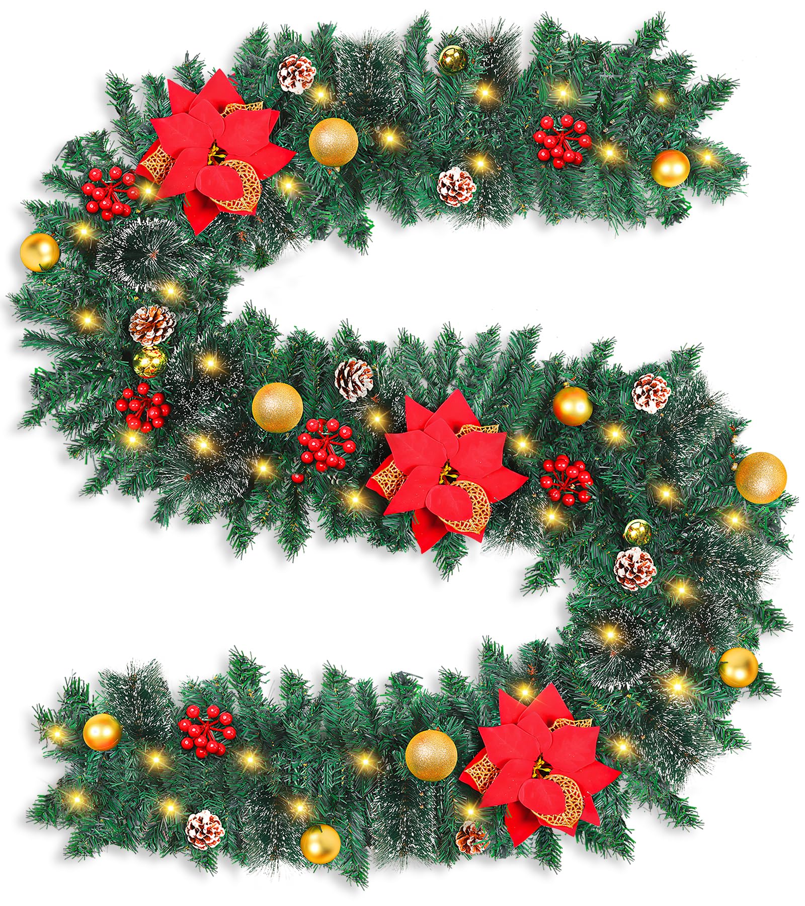 9ft Pre-Lit Christmas Garland with Lights, CINKSY Artificial Christmas Garlands Lighted Xmas Garlands with Timer Berries Cones 50 Led Lights Christmas Decorations for Mantle Stairs Railing Door