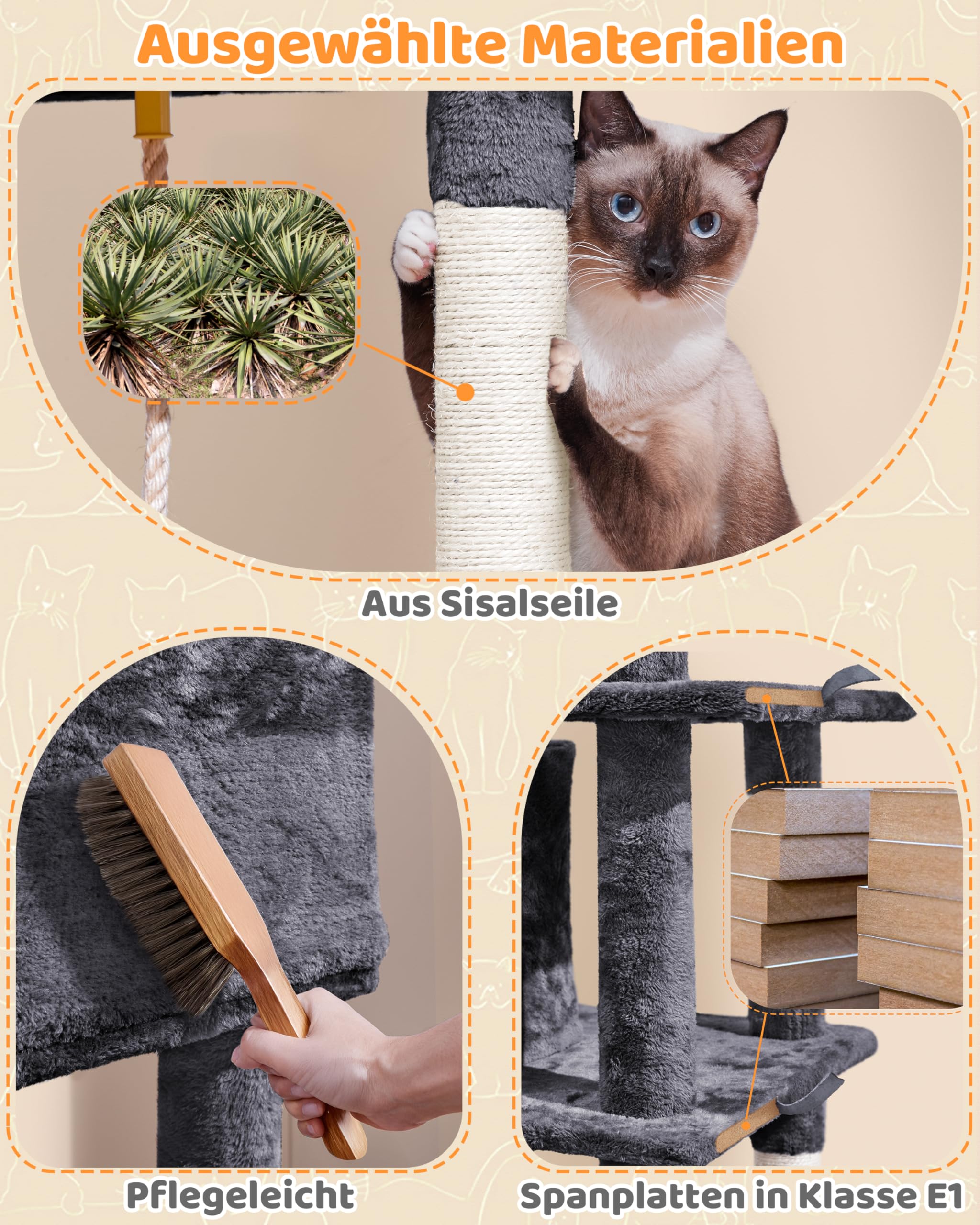 KIARA Kattenkrabpaal Kattenboom Speelboom Met Touw En Diverse Platformen 130 Cm Hoog Lichtgrijs