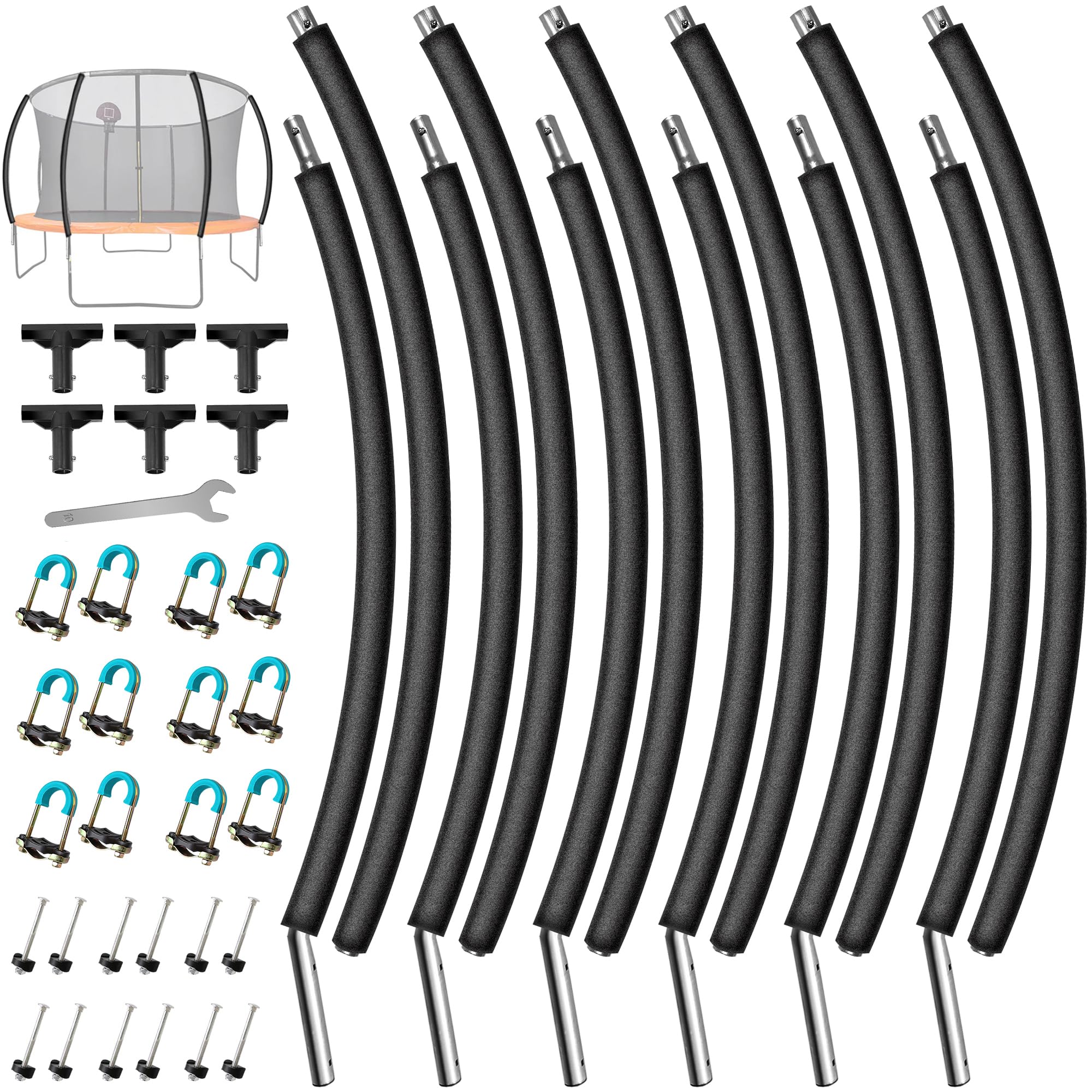 6pcs trampoline replacement curved pole, universal trampoline enclosure pole fits for 8-16ft curved pole trampoline frame, replacement poles include foam sleeve & hardware for 2 installation ways