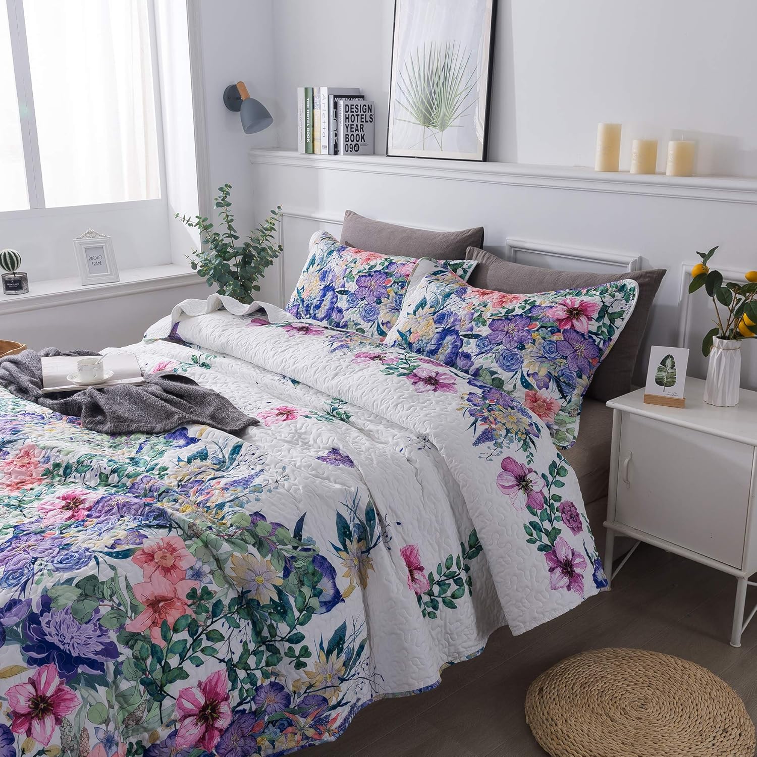 Travan Queen Quilt Set 3-Piece Bedspread Quilted Oversized Lightweight Microfiber Coverlet Set with Shams Violet Purple Floral Pattern Quilted Bedding Set for All Season, Queen - Image 2