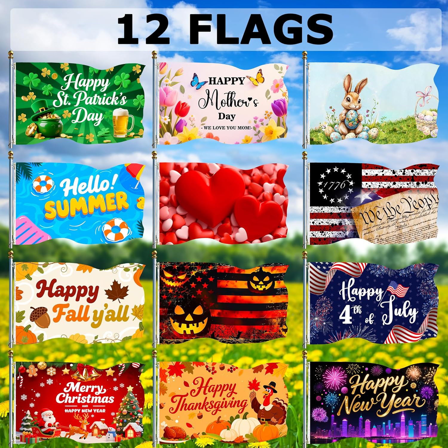 12Pcs Seasonal Garden Flags for Outside 3x5Ft Double Sided Yard Flags Holiday Banner with Grommets for All Seasons Holiday Decorations Fall Thanksgiving Halloween Christmas