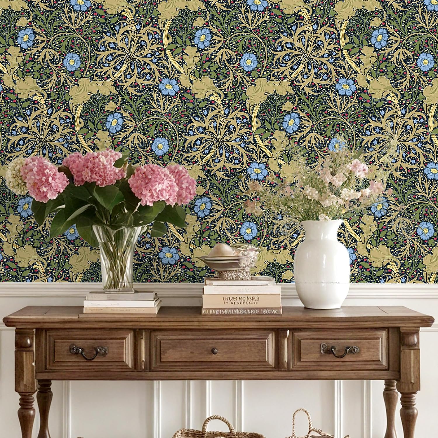VEELIKE Vintage Floral Peel and Stick Wallpaper Retro William Morris Seaweed Wallpaper 17.7''x354'' Self Adhesive Contact Paper Floral Removable Wall Paper for Bedroom Bathroom Accent Walls Furniture