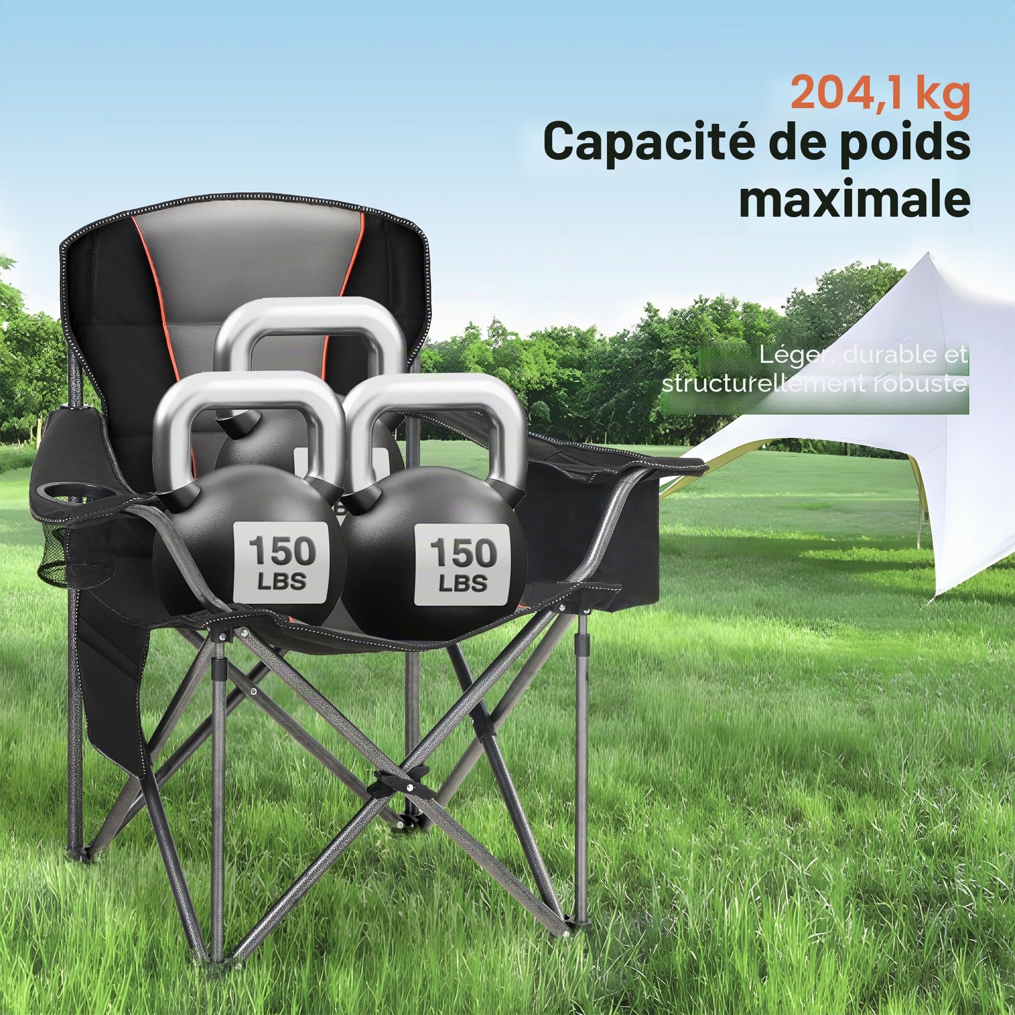 HIGH POINT SPORTS Chaise Pliante Camping 200KG, Chaise de Camping Pliable Portable Surdimensionnée Chaise Pliante Exterieur et Interieur Fauteuil Camping Chaise de Peche Noir