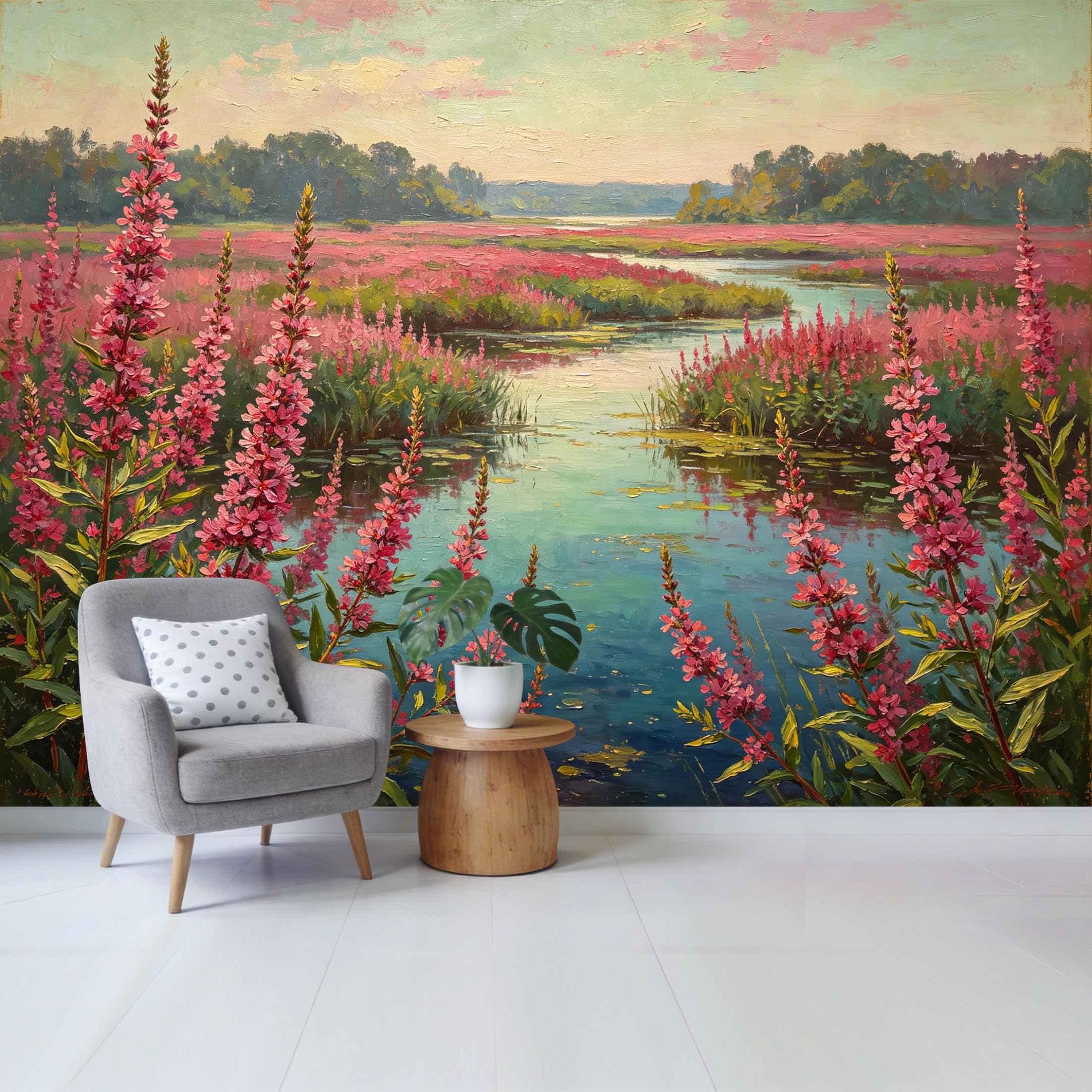 Qzlithotic Yq2605251033 Custom Size Wall Mural Pink Wildflower Meadow Lakeside Oil Painting Landscape Selfadhesive Wall Fabric Removable Wallpaper For Home Office Decor