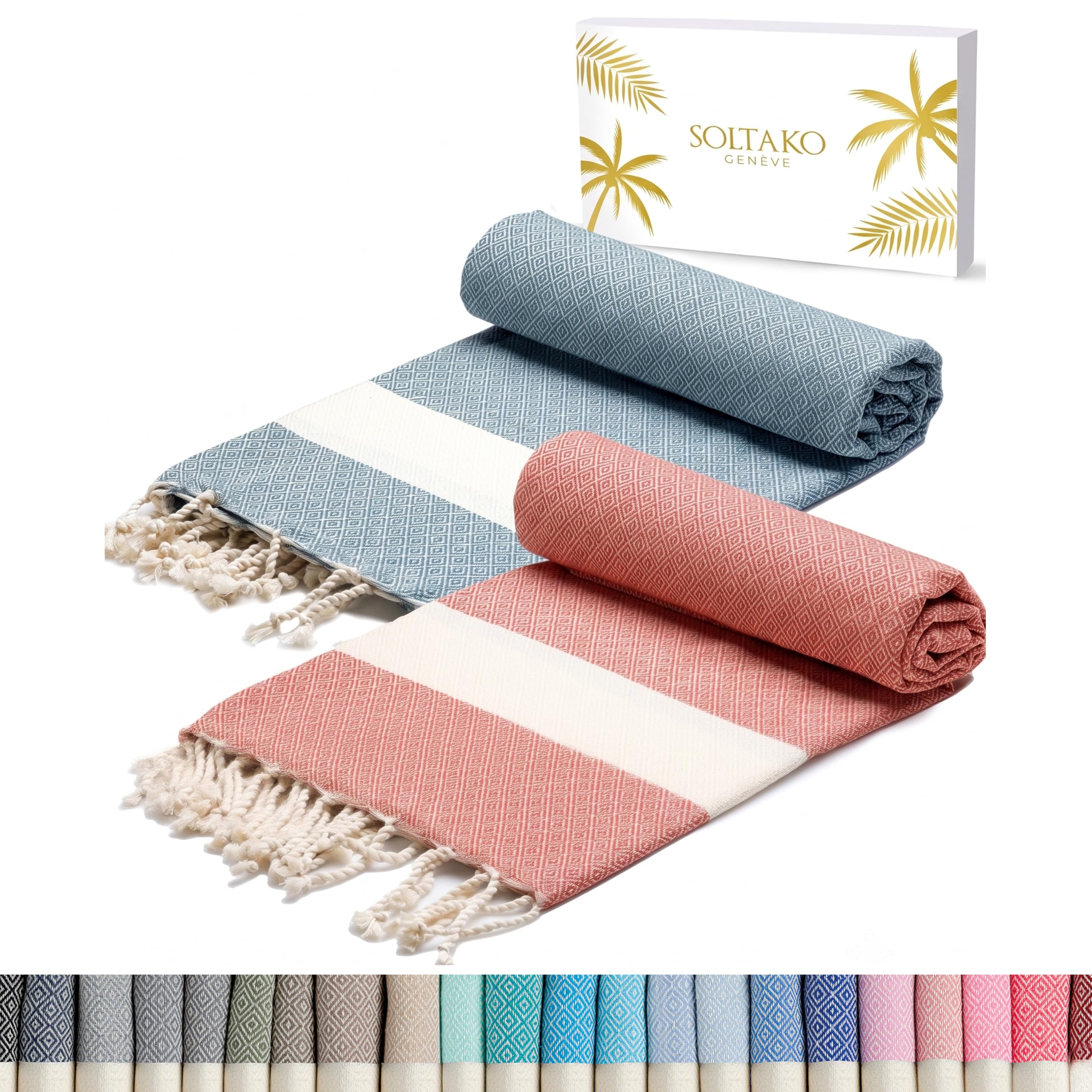 SOLTAKO Premium Hamamtuch Diamant Fouta 2er Set 100x200, Koralle/Hellblau