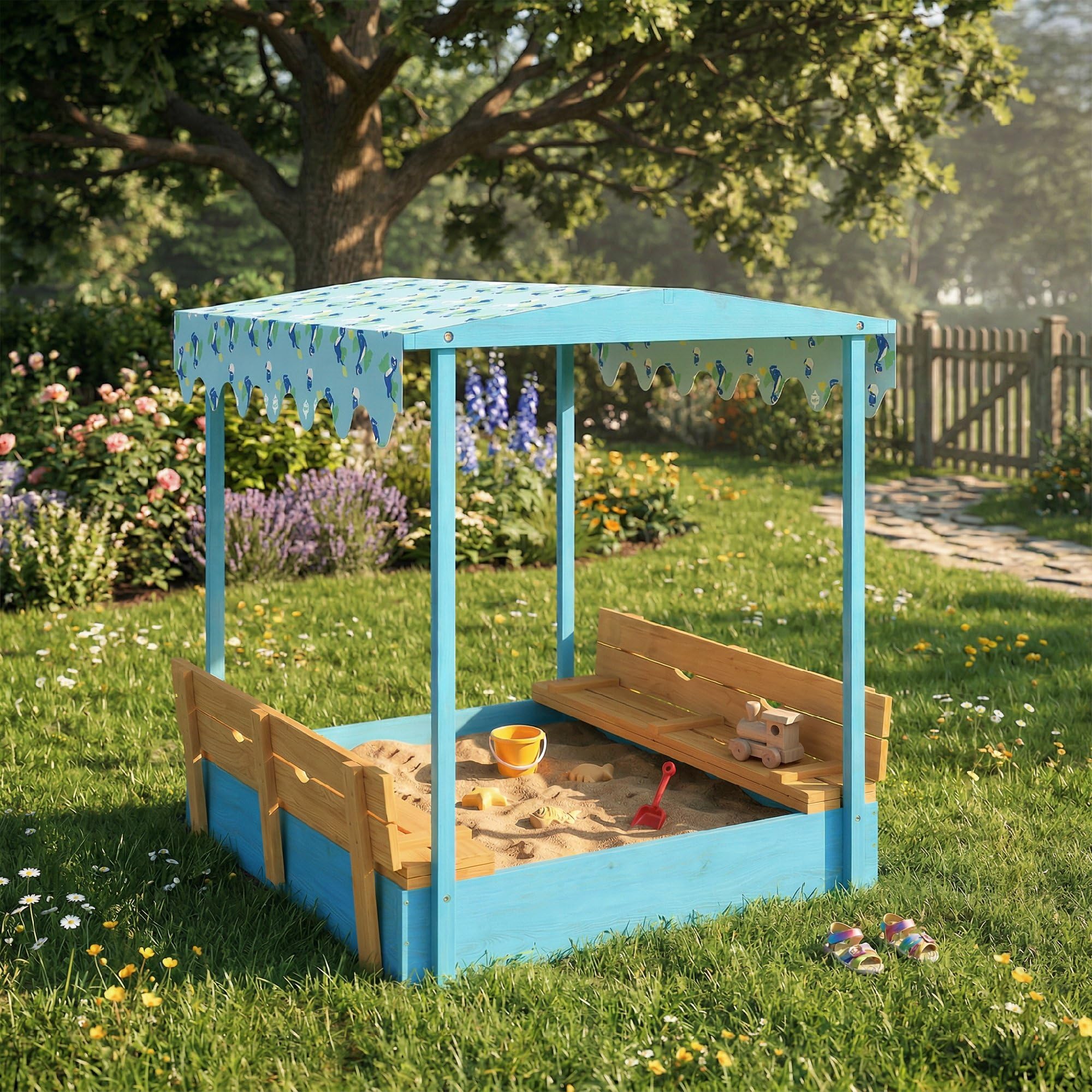 AIYAPLAY Bac à Sable en Bois avec Couvercle, bac à Sable Enfant extérieur avec siège Pliable, Espace de Rangement, Toile imprimée Dinosaures, Fond Inclus, pour 3 à 6 Ans, 134,5x127,5x130cm, Bleu