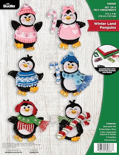 Bucilla, Winter Land Penguins 89668E - Kit de 6 piezas de adorno con apliques de fieltro, perfecto para manualidades y manualidades