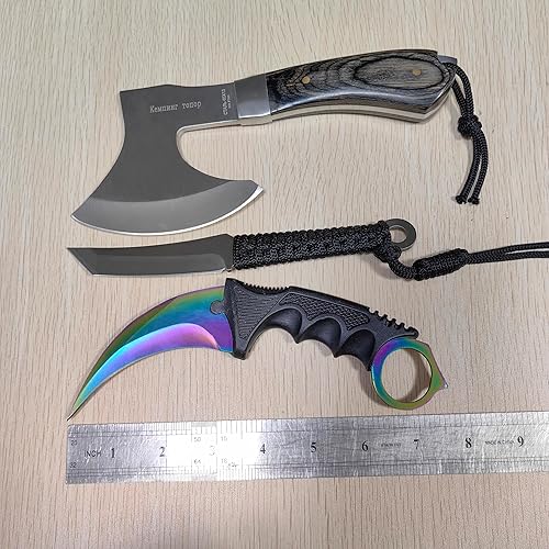 Miniatura 6 de Juego combinado de cuchillos de hacha y hoja fija, espiga completa, mango de madera, para acampar al aire libre, caza de supervivencia, funda